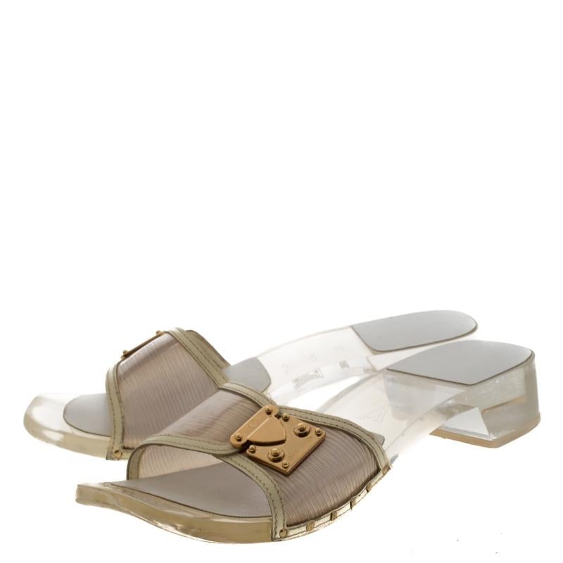 Louis Vuitton White Acrylic and Leather Trim Buckle Sandals Size 38.5 For Sale 1