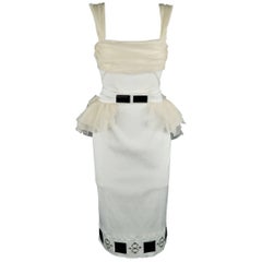 Louis Vuitton White and Beige Ruched Bust Ruffled Belt Cocktail Dress
