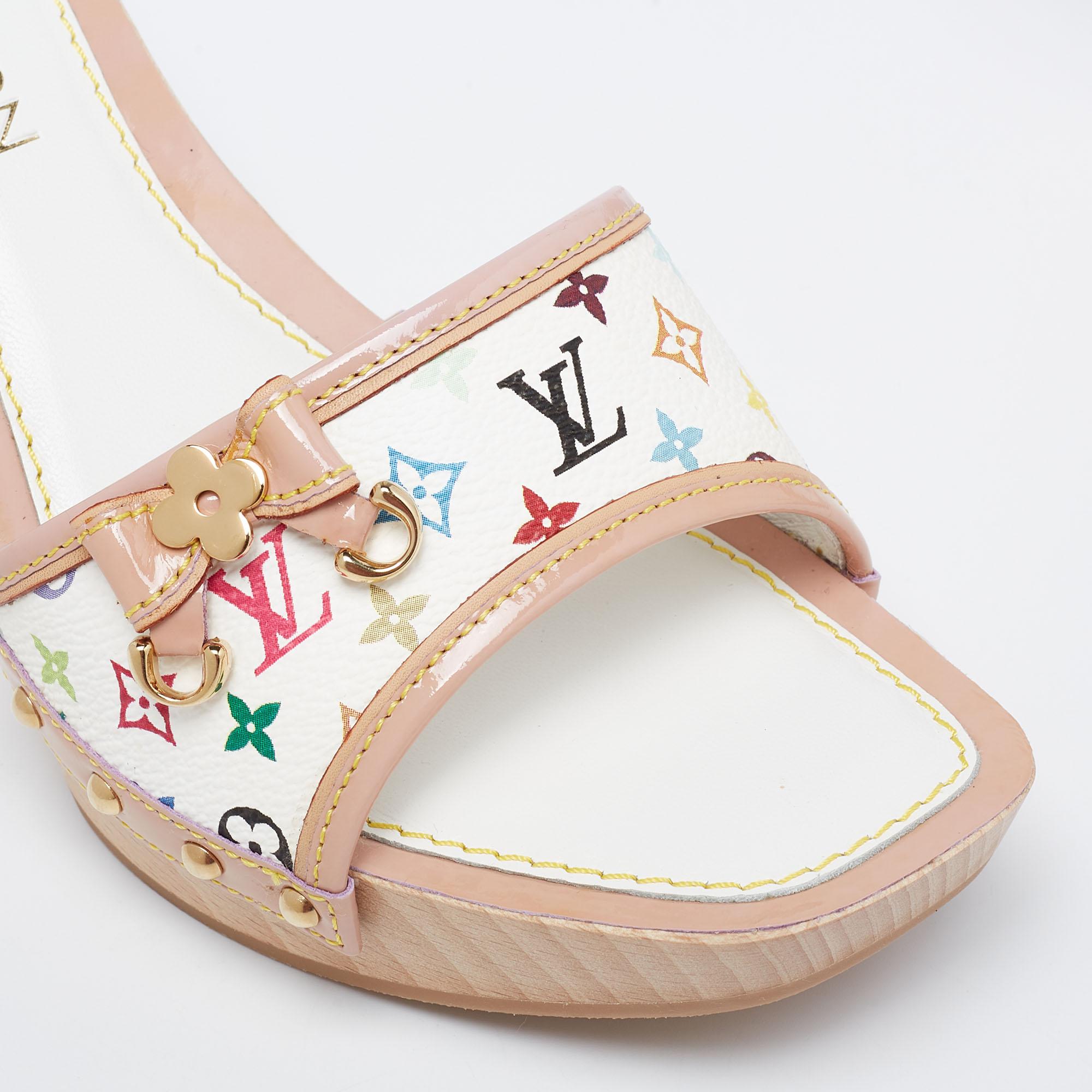 Louis Vuitton White/Beige Monogram Trim Wood Platform Slide Sandals Size 38 1