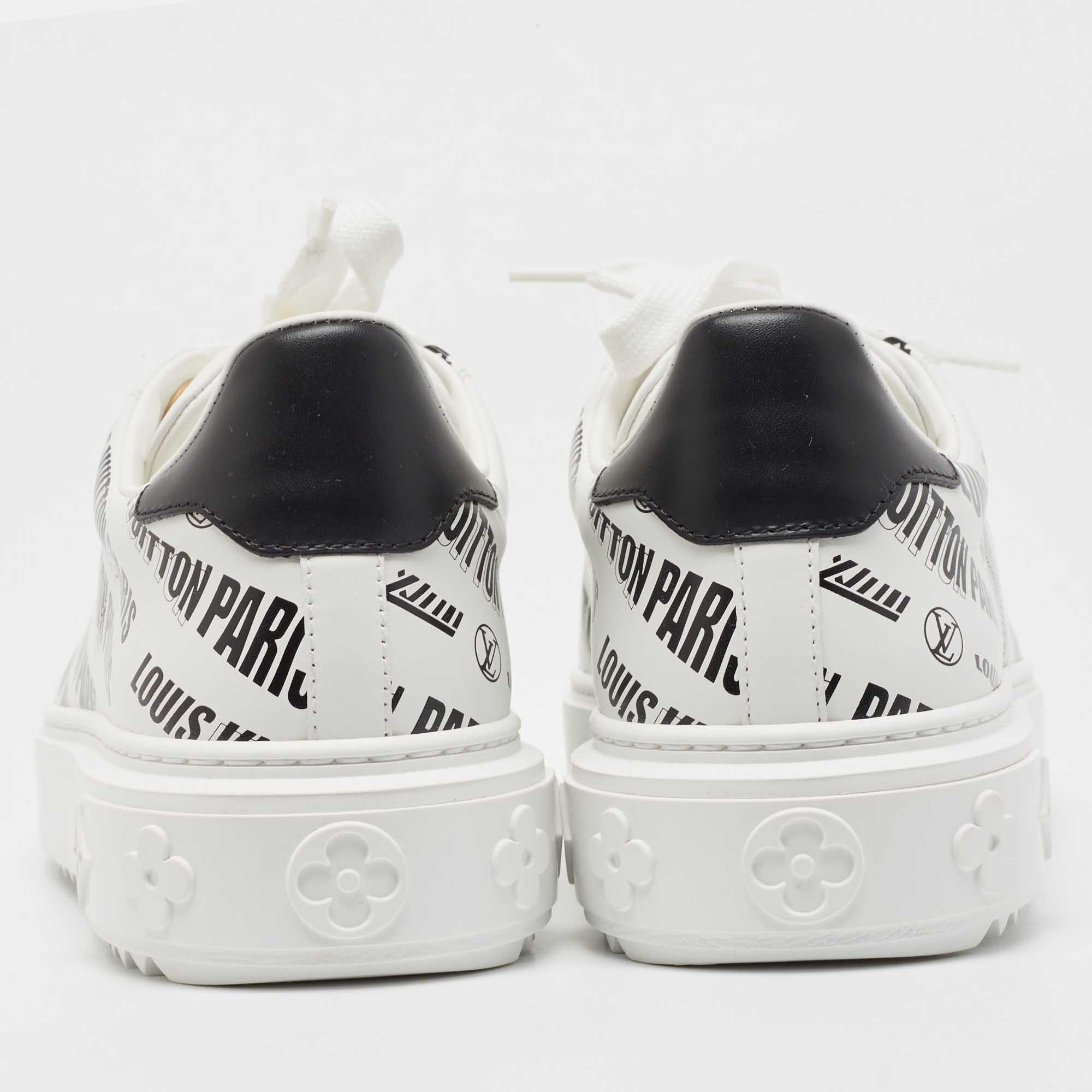 Women's Louis Vuitton White/Black Leather Logo Printed Time Out Sneakers Size 37.5 For Sale