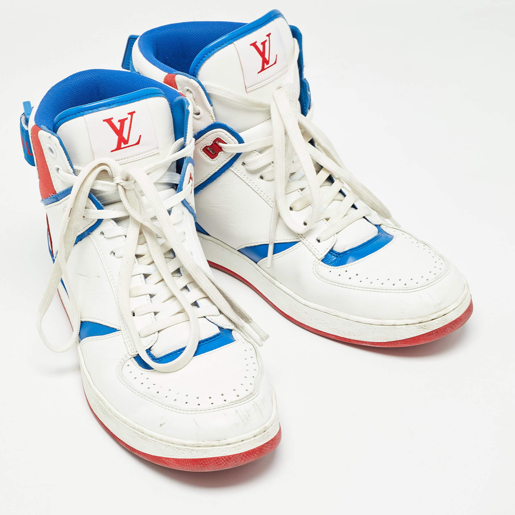 Louis Vuitton White/Blue Leather Trainers High Sneakers Size 41 In Good Condition For Sale In Dubai, Al Qouz 2
