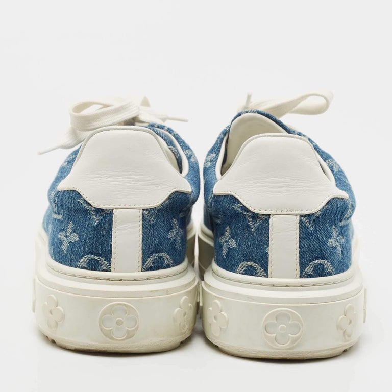 Louis Vuitton White/Blue Monogram Denim and Leather Time Out Low Top Sneakers Si For Sale at 1stDibs
