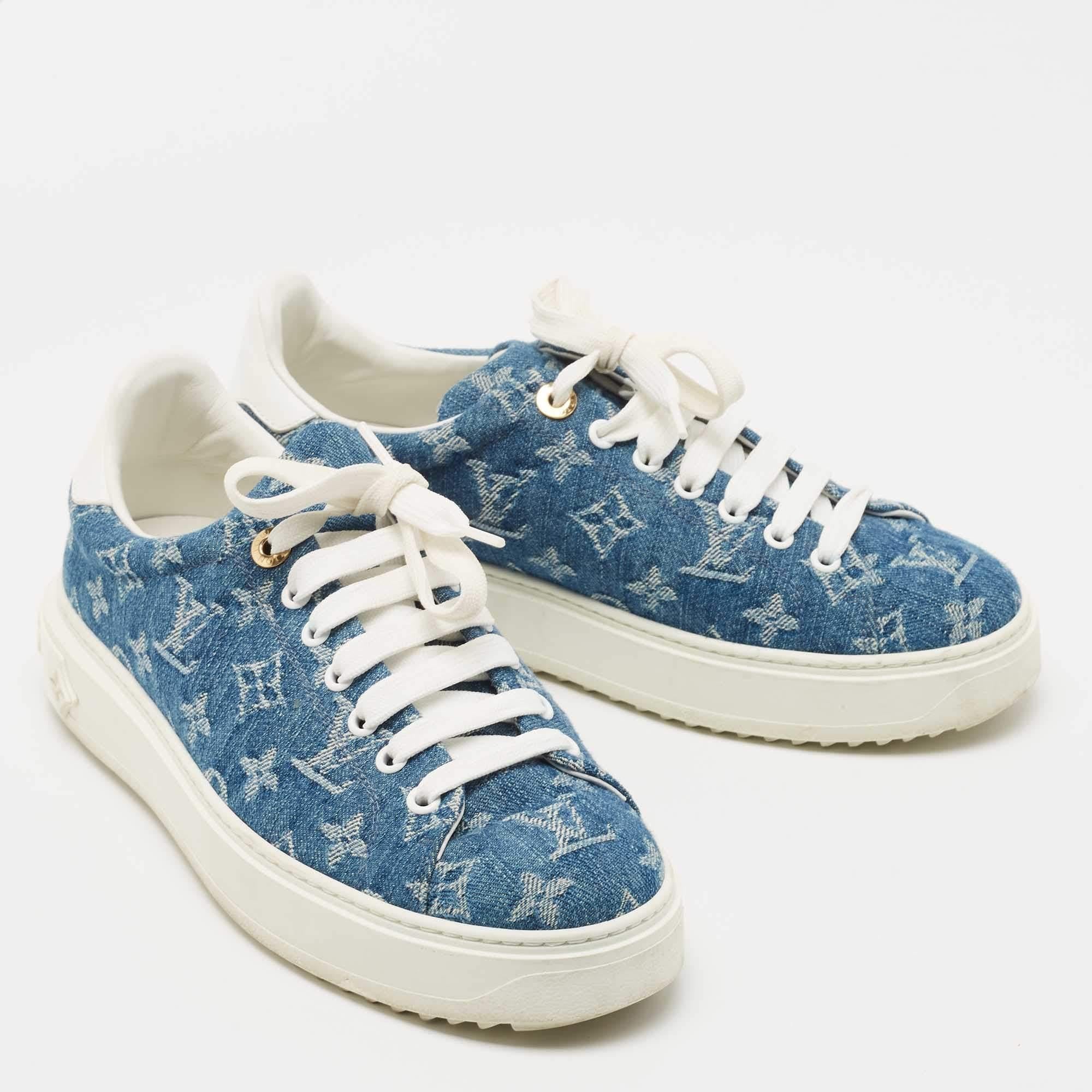 Women's Louis Vuitton White/Blue Monogram Denim and Leather Time Out Low Top Sneakers Si