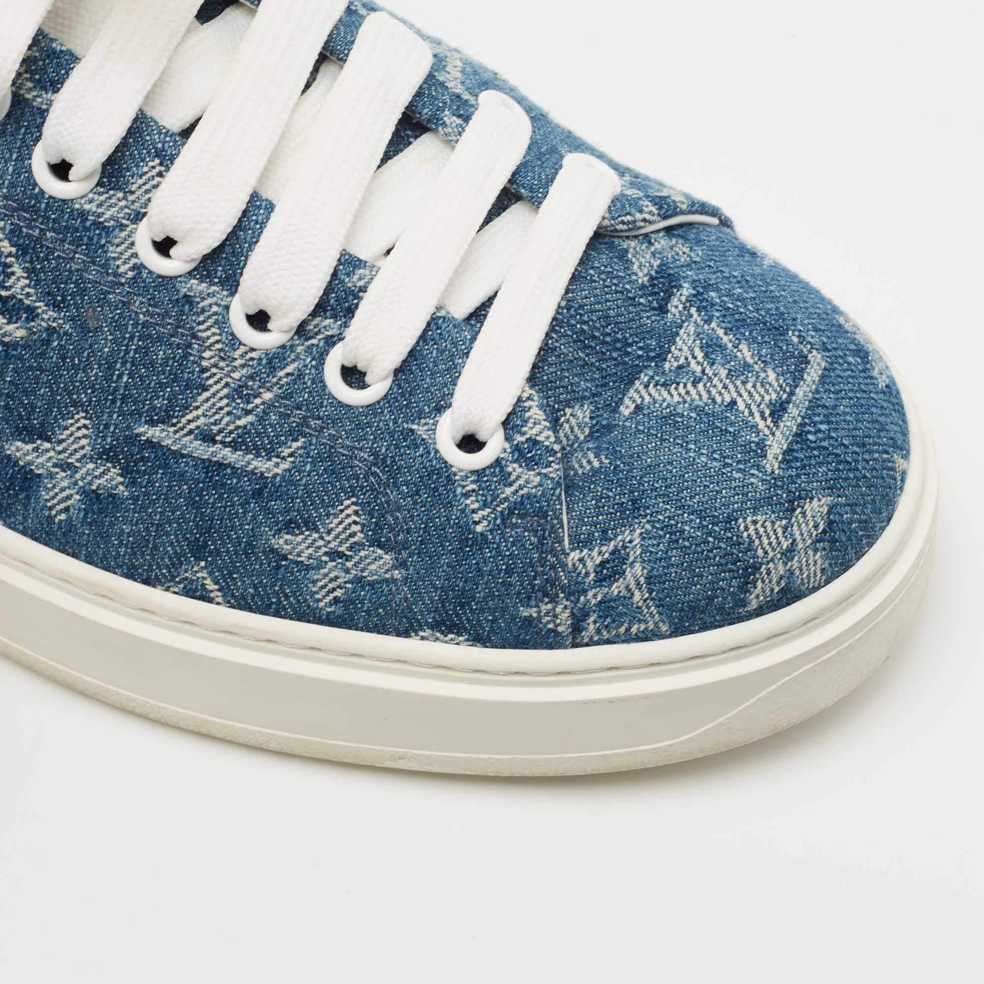 Louis Vuitton White/Blue Monogram Denim and Leather Time Out Low Top Sneakers Si 1