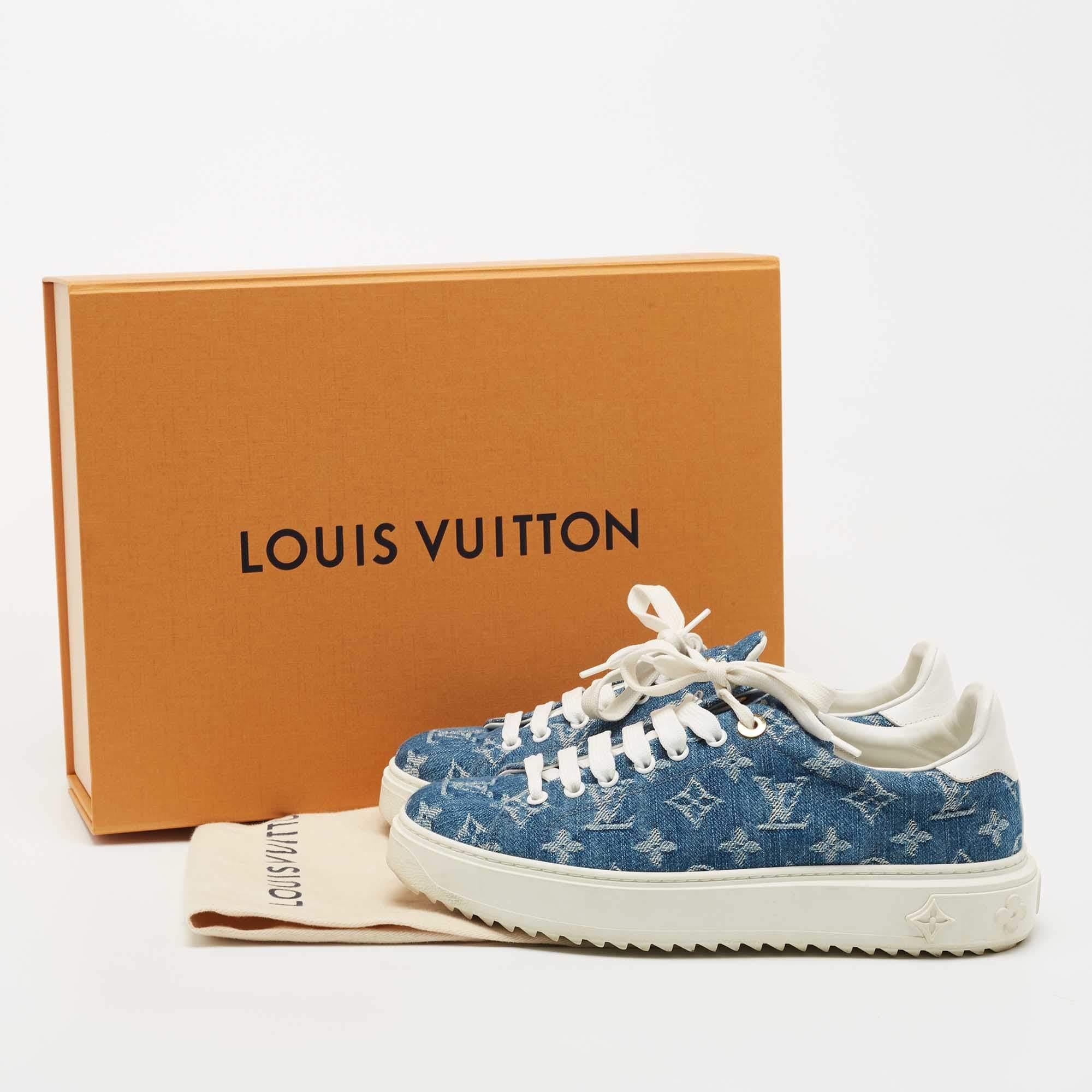 Louis Vuitton White/Blue Monogram Denim and Leather Time Out Low Top Sneakers Si 3