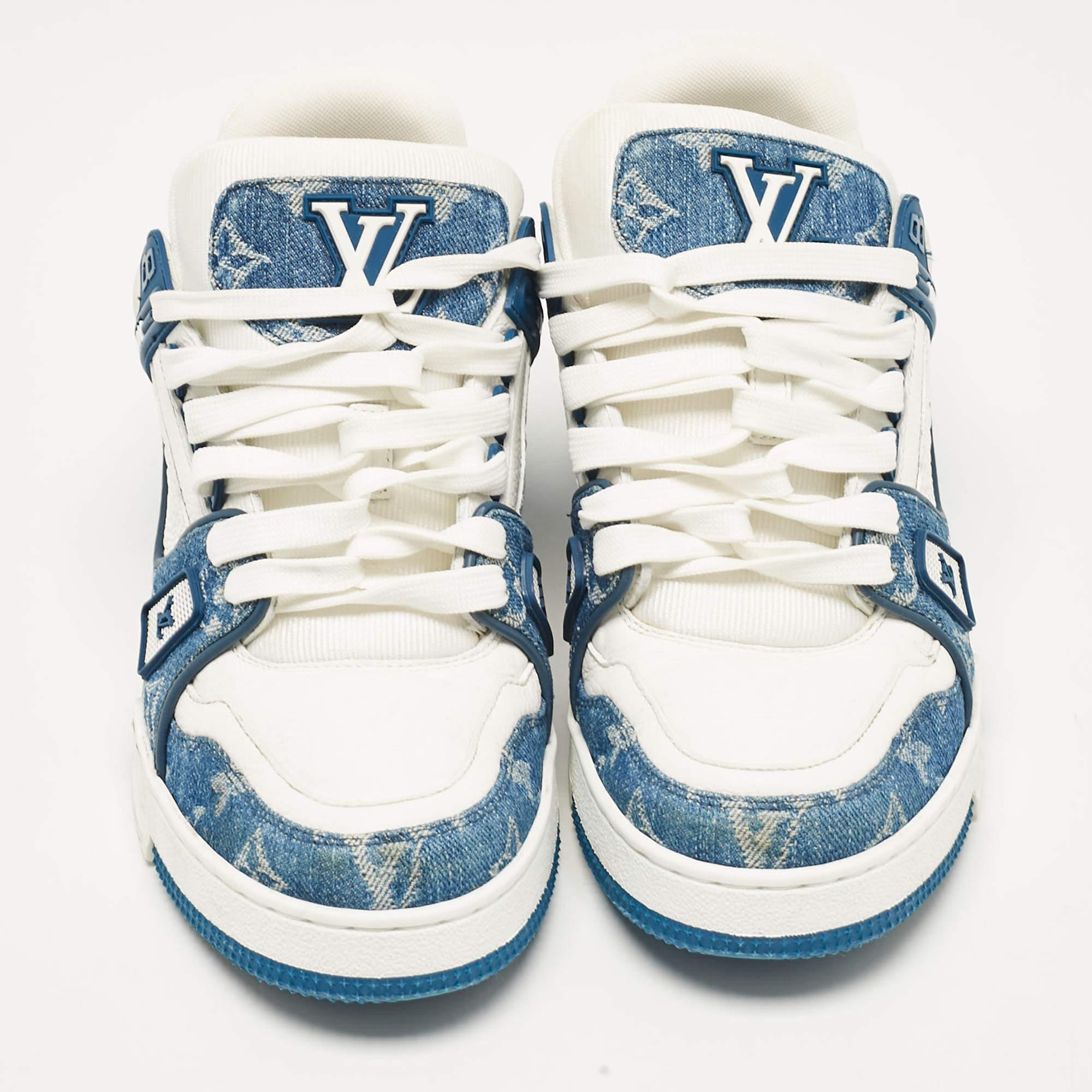 Gray Louis Vuitton White/Blue Monogram Leather and Denim LV Trainer Sneakers Size 41
