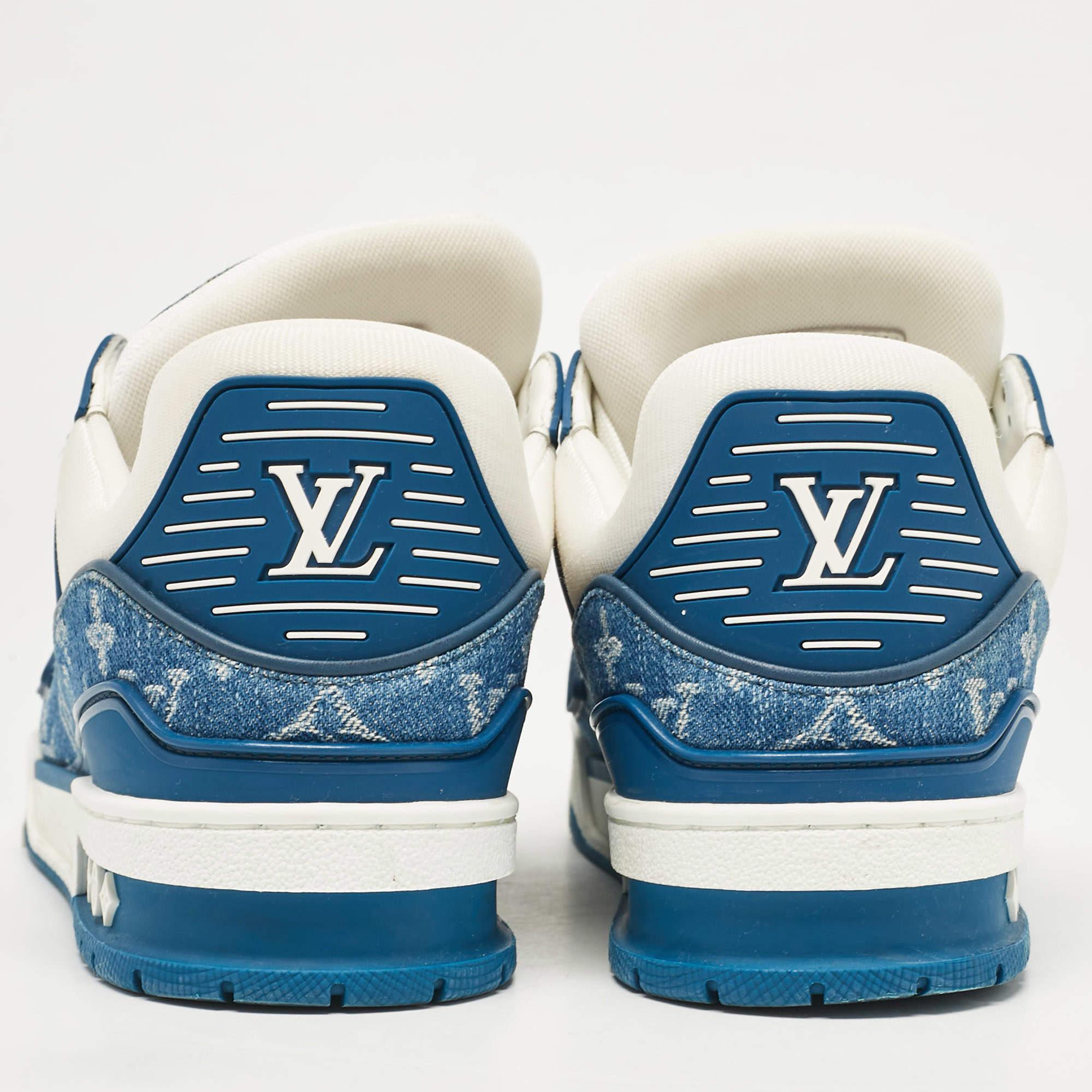 Men's Louis Vuitton White/Blue Monogram Leather and Denim LV Trainer Sneakers Size 41