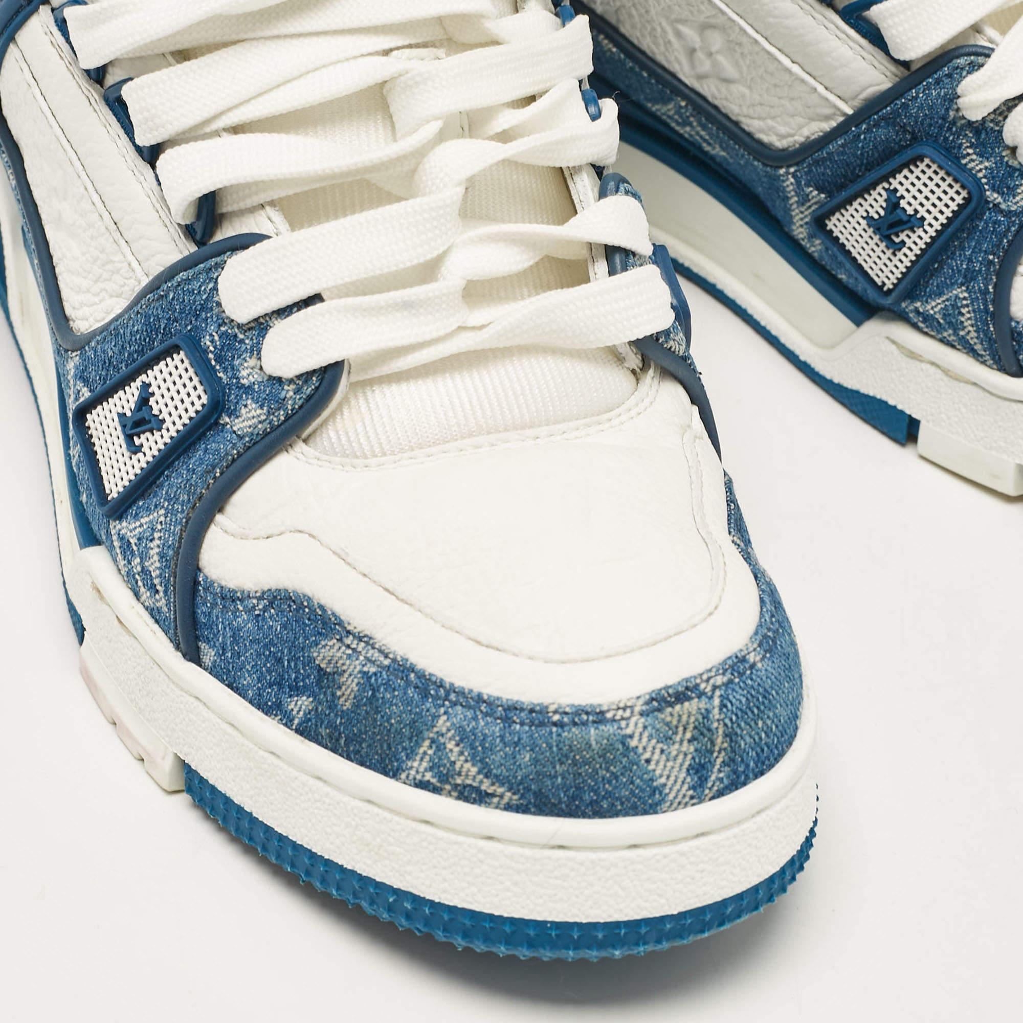 Louis Vuitton White/Blue Monogram Leather and Denim LV Trainer Sneakers Size 41 2