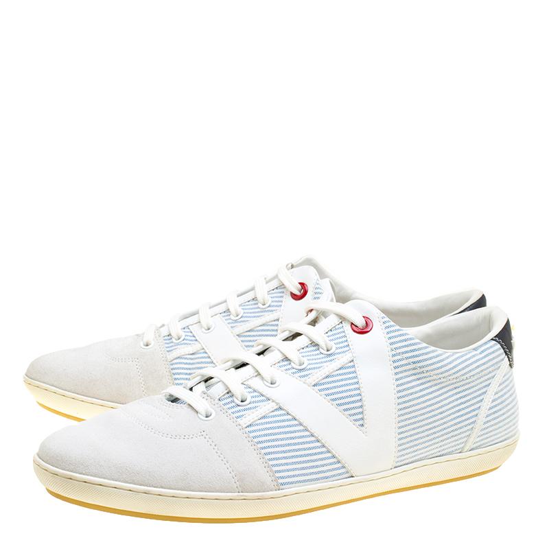 Louis Vuitton White/Blue Suede and Canvas Low Top Sneakers Size 41.5 In Good Condition In Dubai, Al Qouz 2