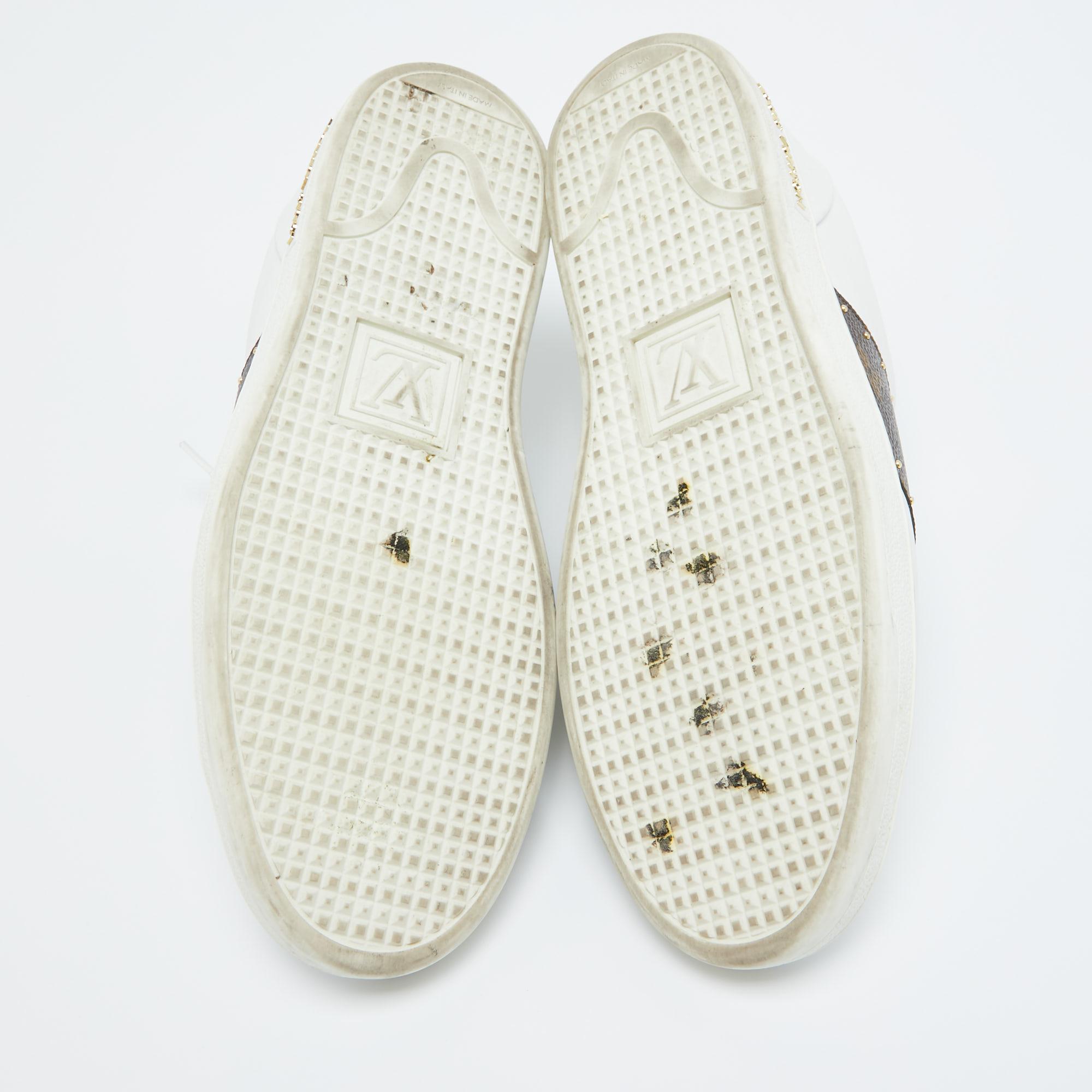 Louis Vuitton White/Brown Leather and Monogram Canvas FrontroGivw Sneakers Size  In Fair Condition In Dubai, Al Qouz 2