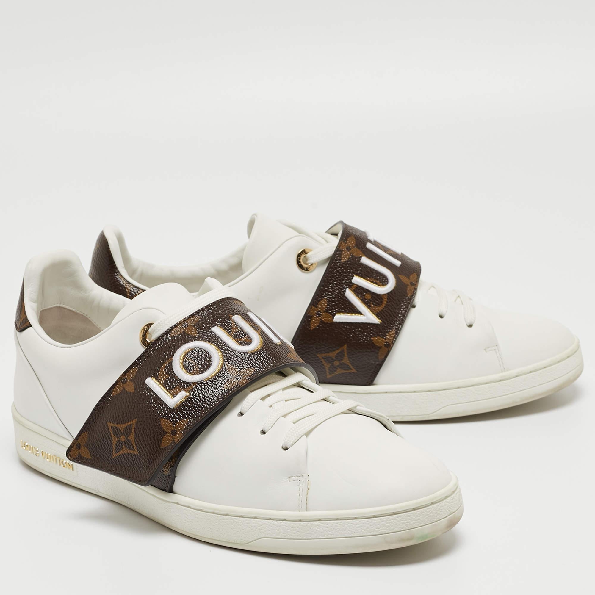 Women's Louis Vuitton White/Brown Leather and Monogram Canvas Logo Strap Frontrow Sneake For Sale