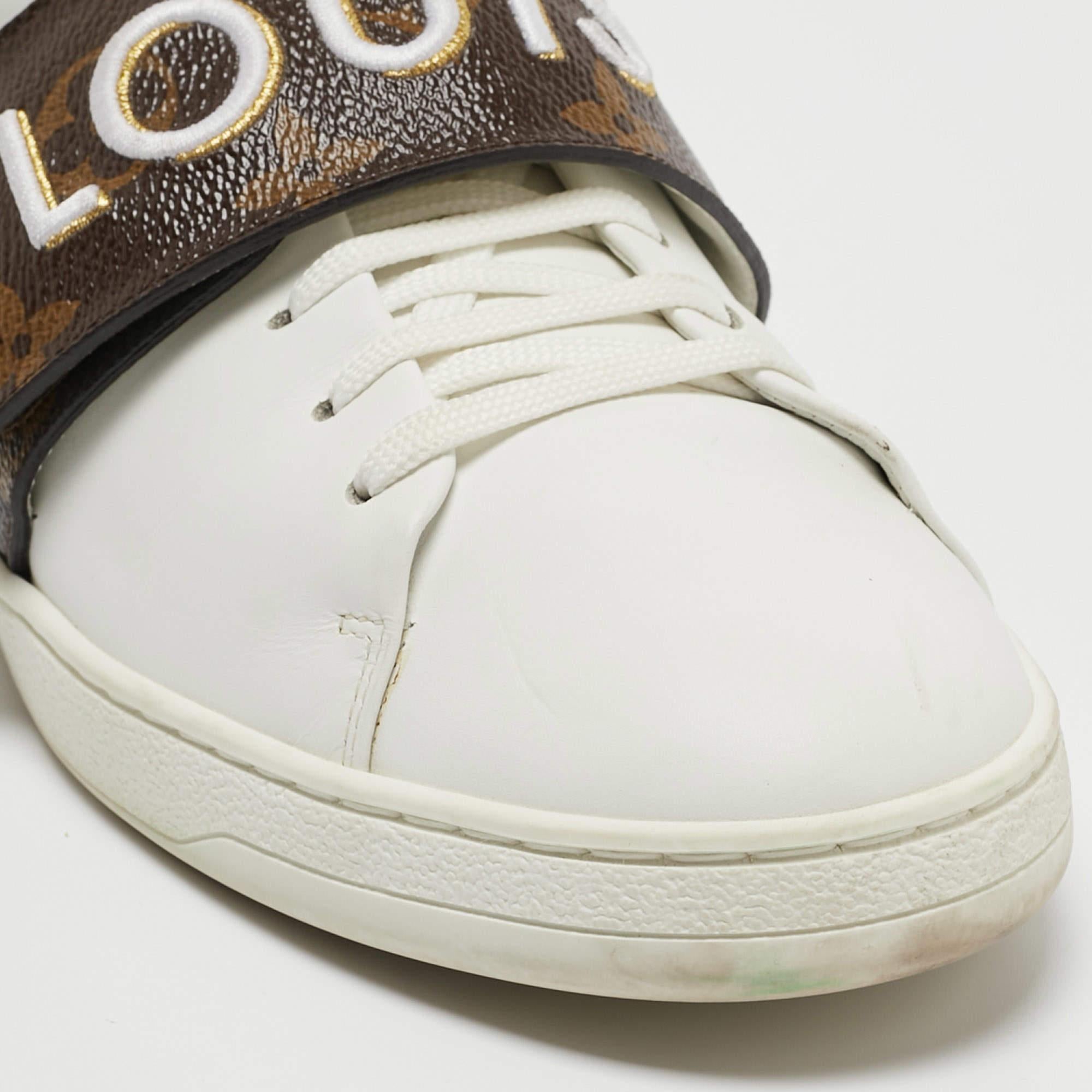 Louis Vuitton White/Brown Leather and Monogram Canvas Logo Strap Frontrow Sneake For Sale 1