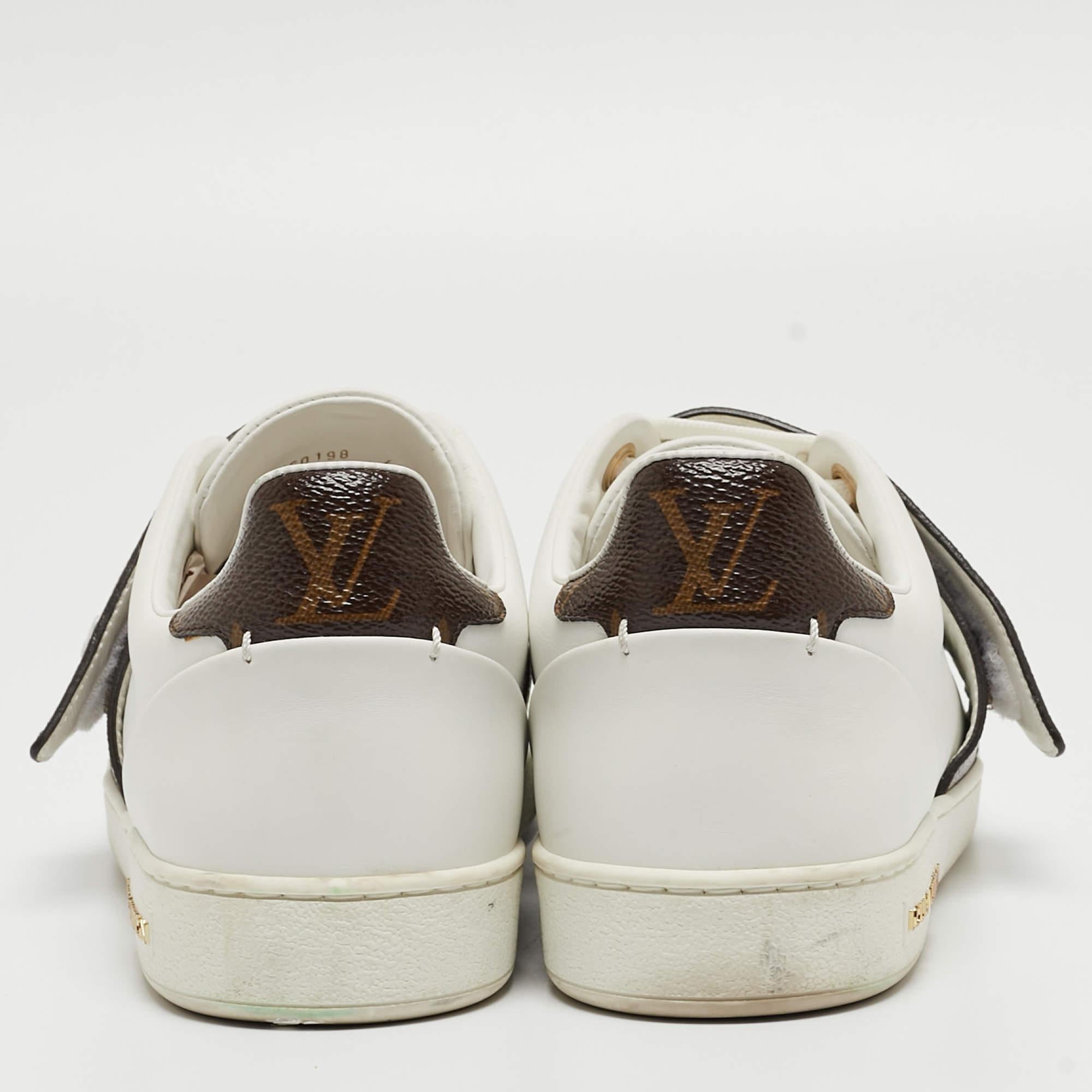 Louis Vuitton White/Brown Leather and Monogram Canvas Logo Strap Frontrow Sneake For Sale 3