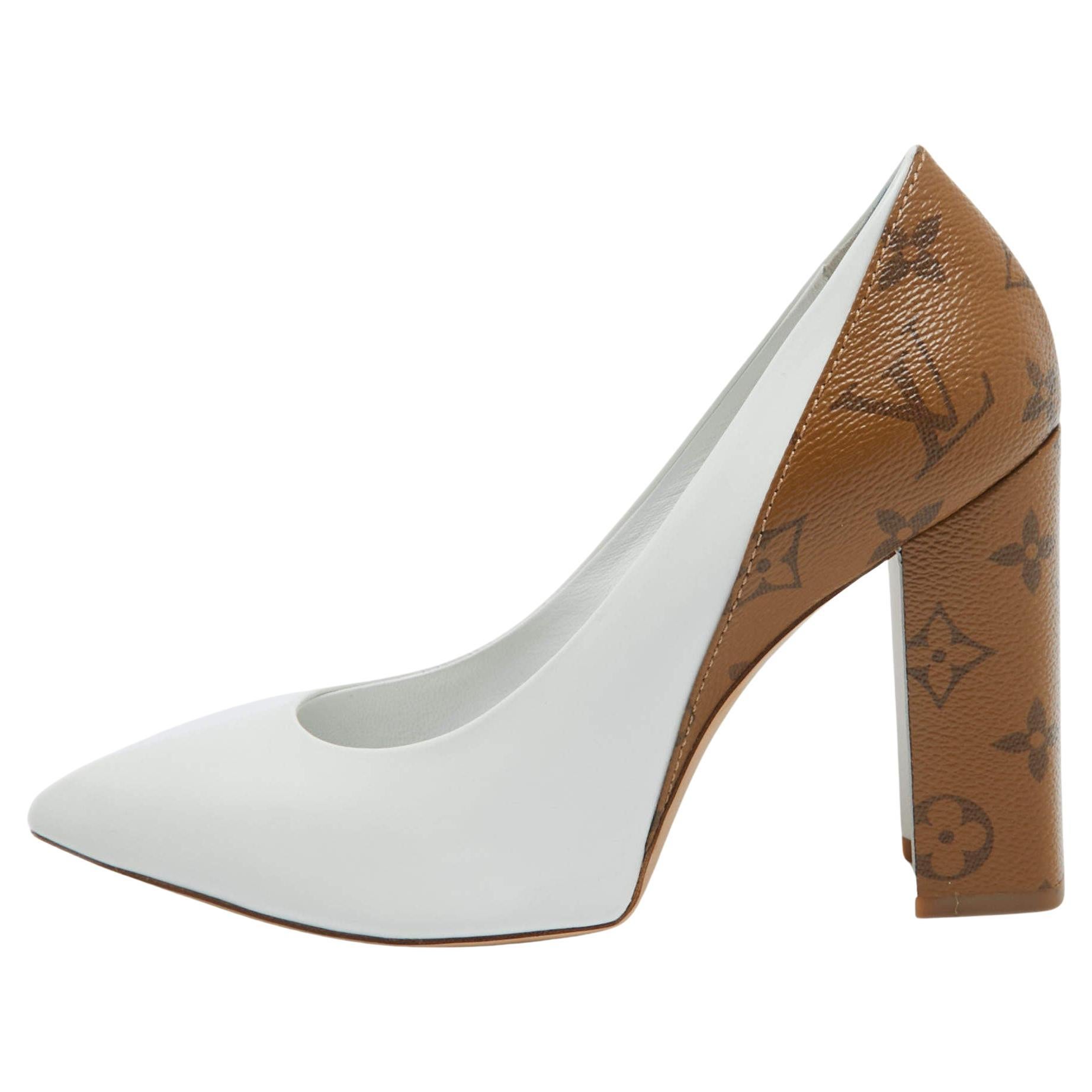 Louis Vuitton White/Brown Leather and Monogram Canvas Matchmake Pumps Size 38