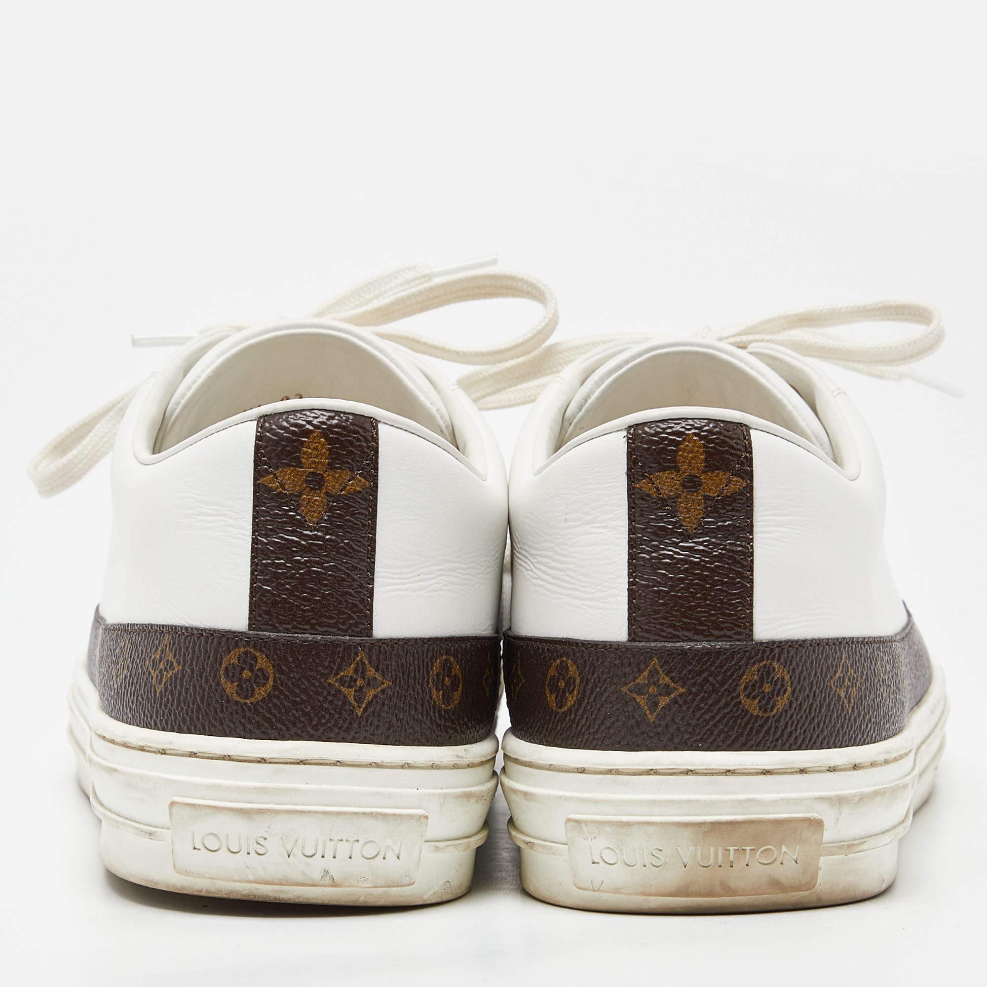 Louis Vuitton White/Brown Leather and Monogram Canvas Stellar Low Top Sneakers S In Good Condition For Sale In Dubai, Al Qouz 2