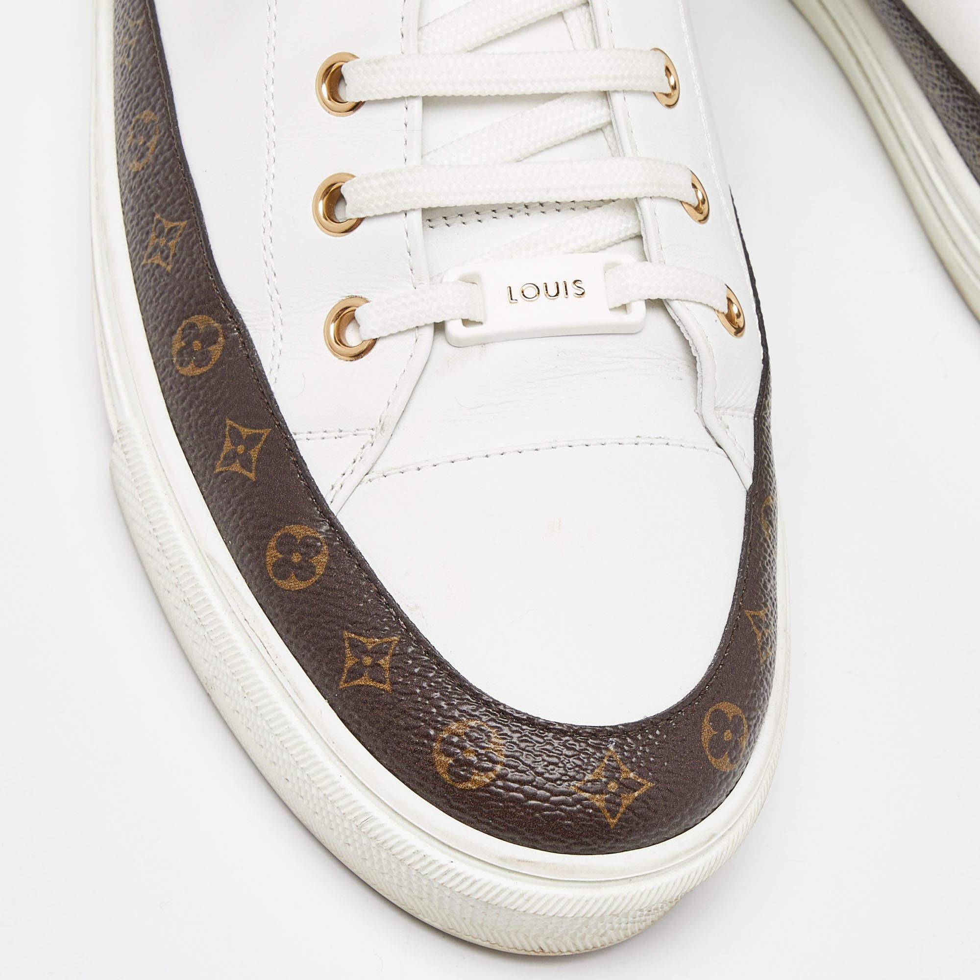 Men's Louis Vuitton White/Brown Leather and Monogram Canvas Stellar Low Top Sneakers S For Sale