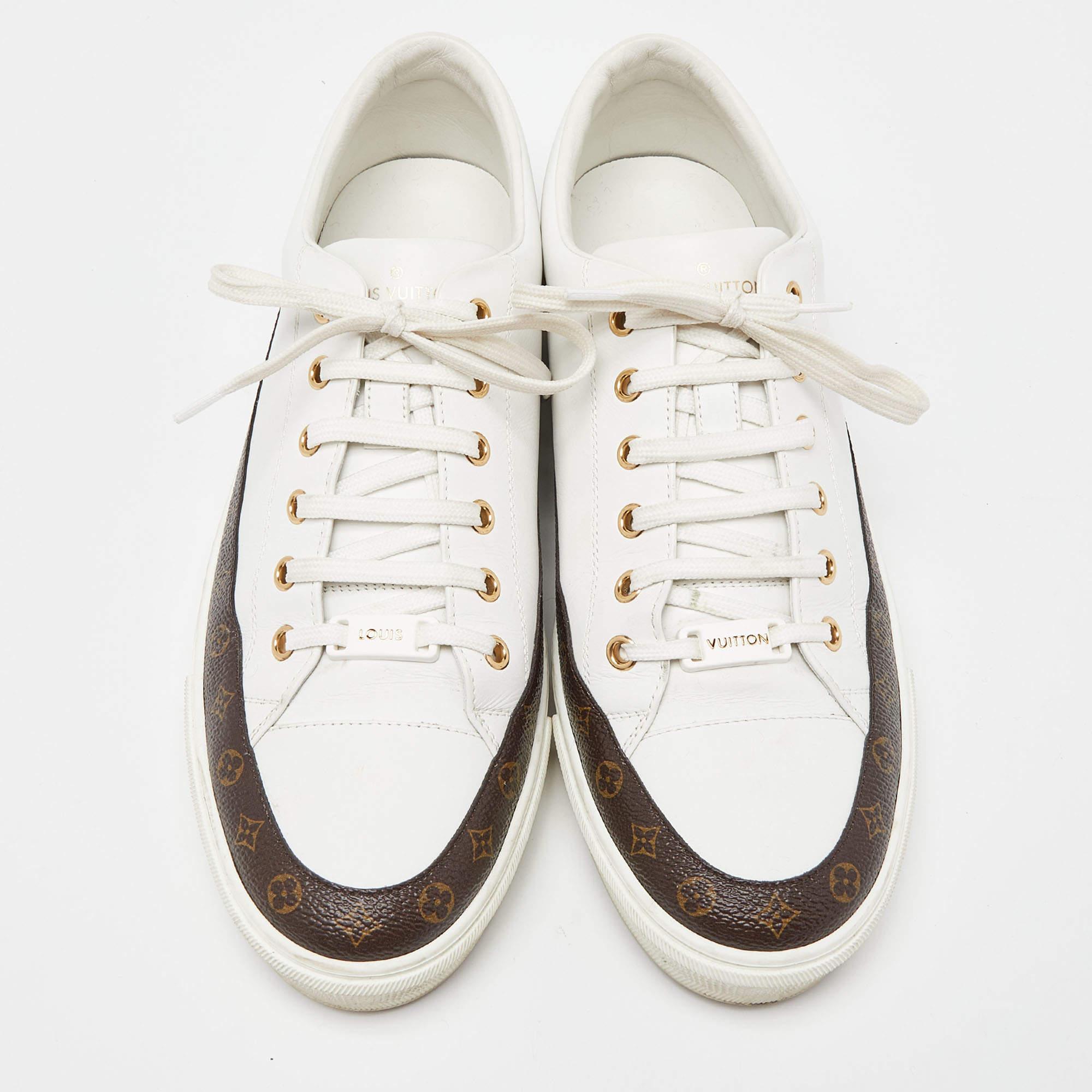 Louis Vuitton White/Brown Leather and Monogram Canvas Stellar Low Top Sneakers S For Sale 1