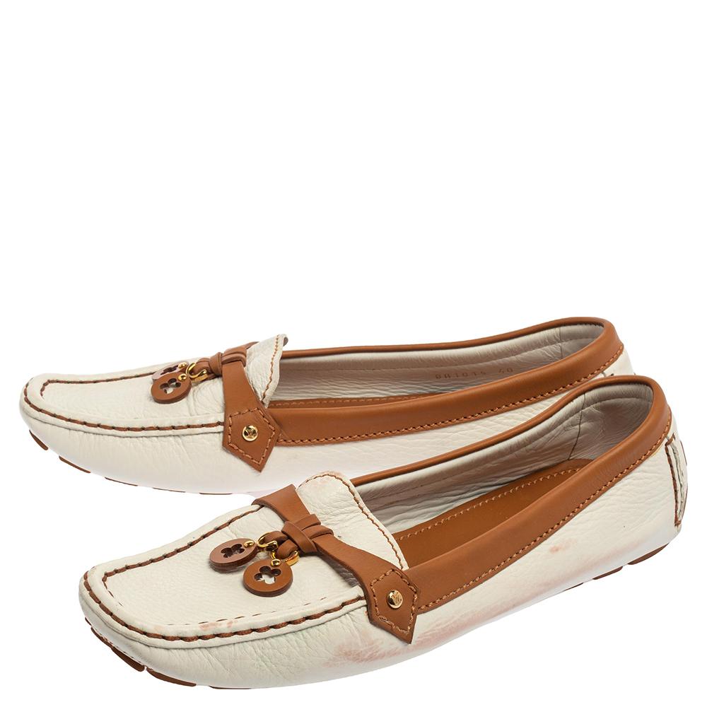 Louis Vuitton White/Brown Leather Slip On Loafers Size 40 1