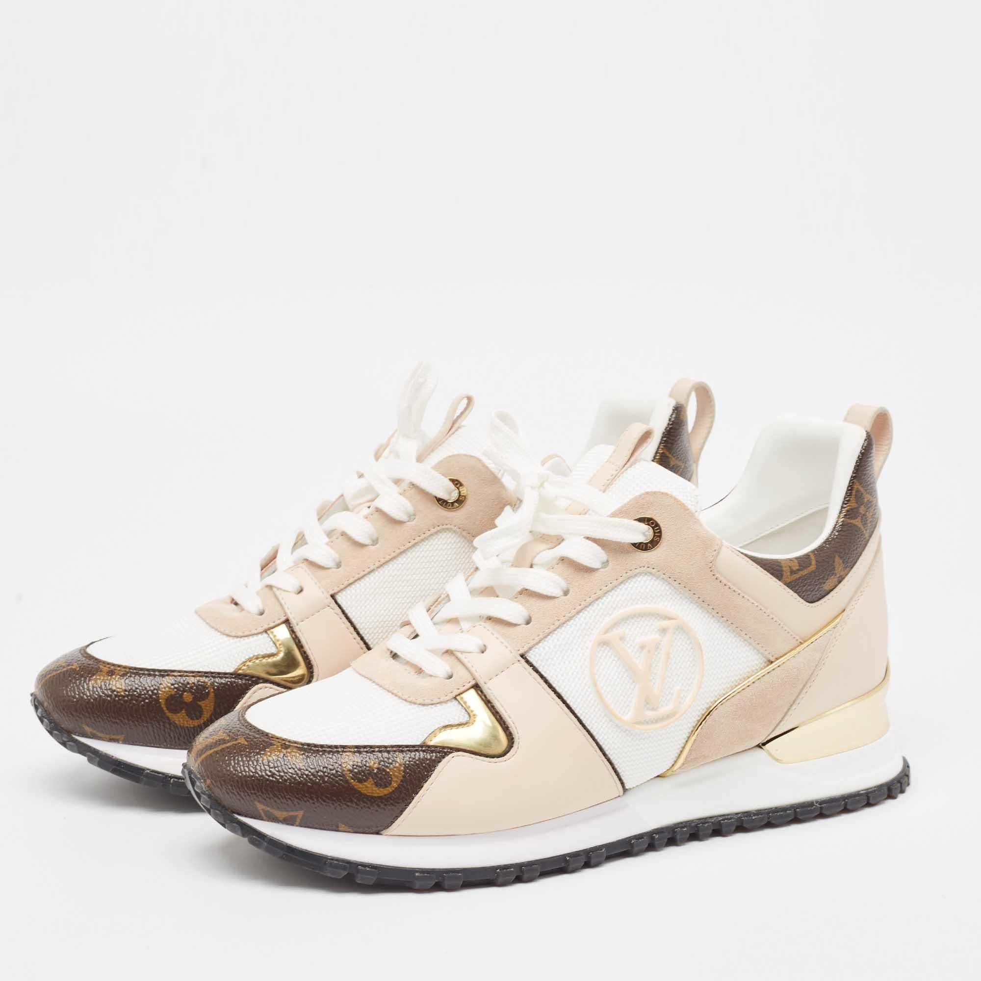 Made to provide comfort, these Run Away sneakers by Louis Vuitton are trendy and stylish. They've been crafted from white leather, brown monogram canvas, and mesh and designed with round toes, lace-ups on the vamps, and brand logo details on the