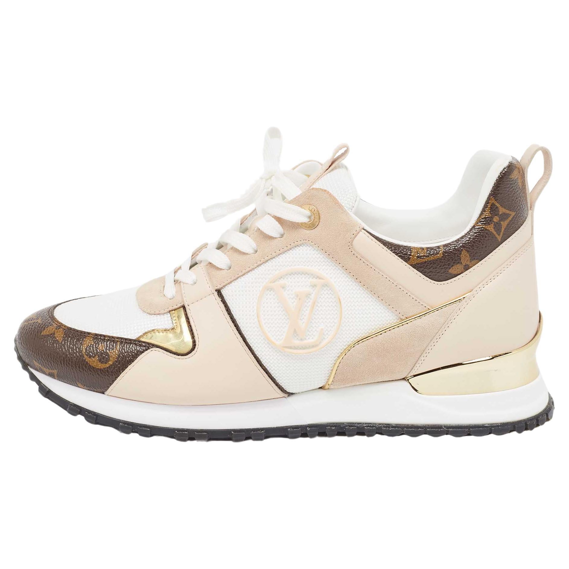 Louis Vuitton White/Brown Mesh and Monogram Canvas Run Away Sneakers Size 40 For Sale