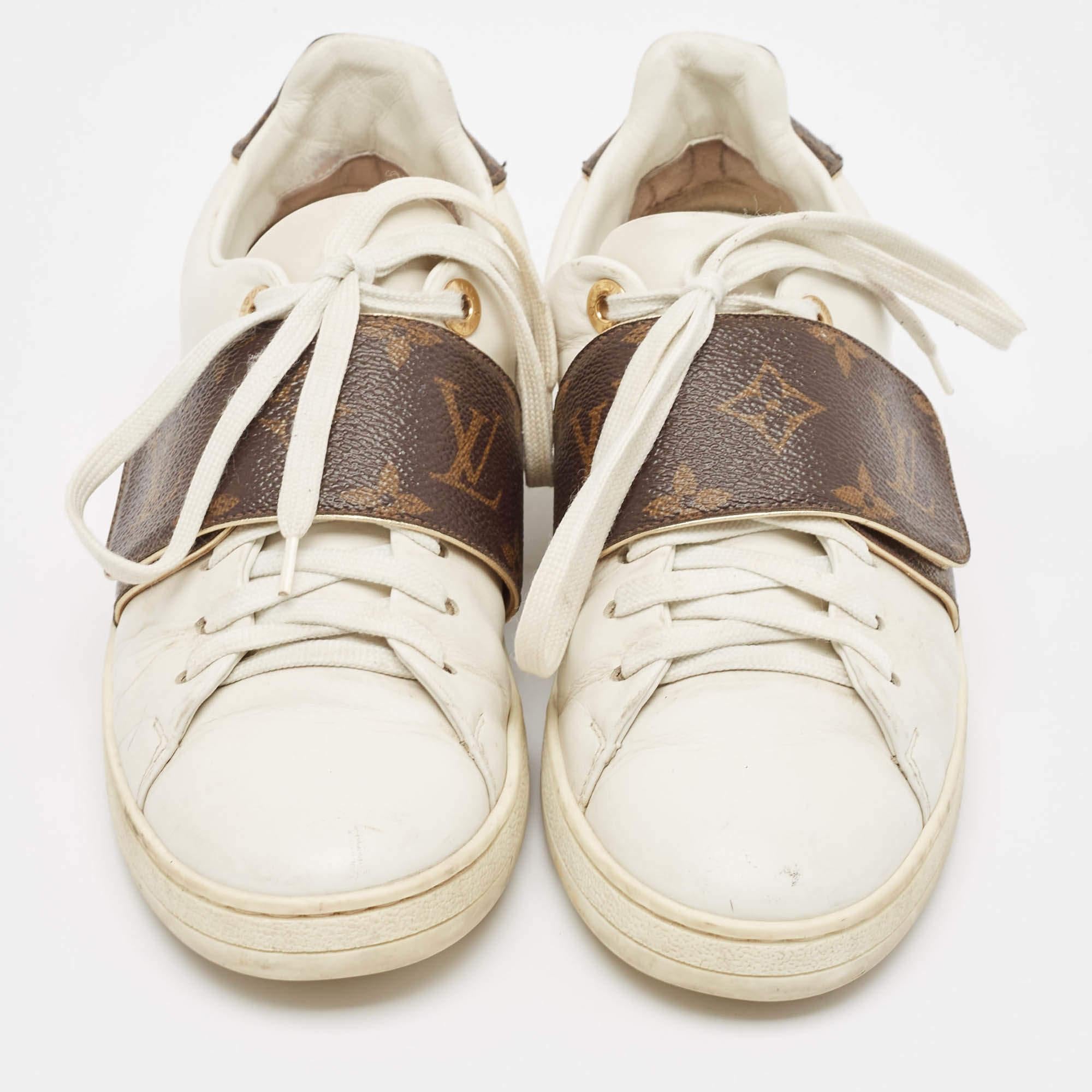 Beige Louis Vuitton White/Brown Monogram Canvas and Leather Frontrow Sneakers Size 36