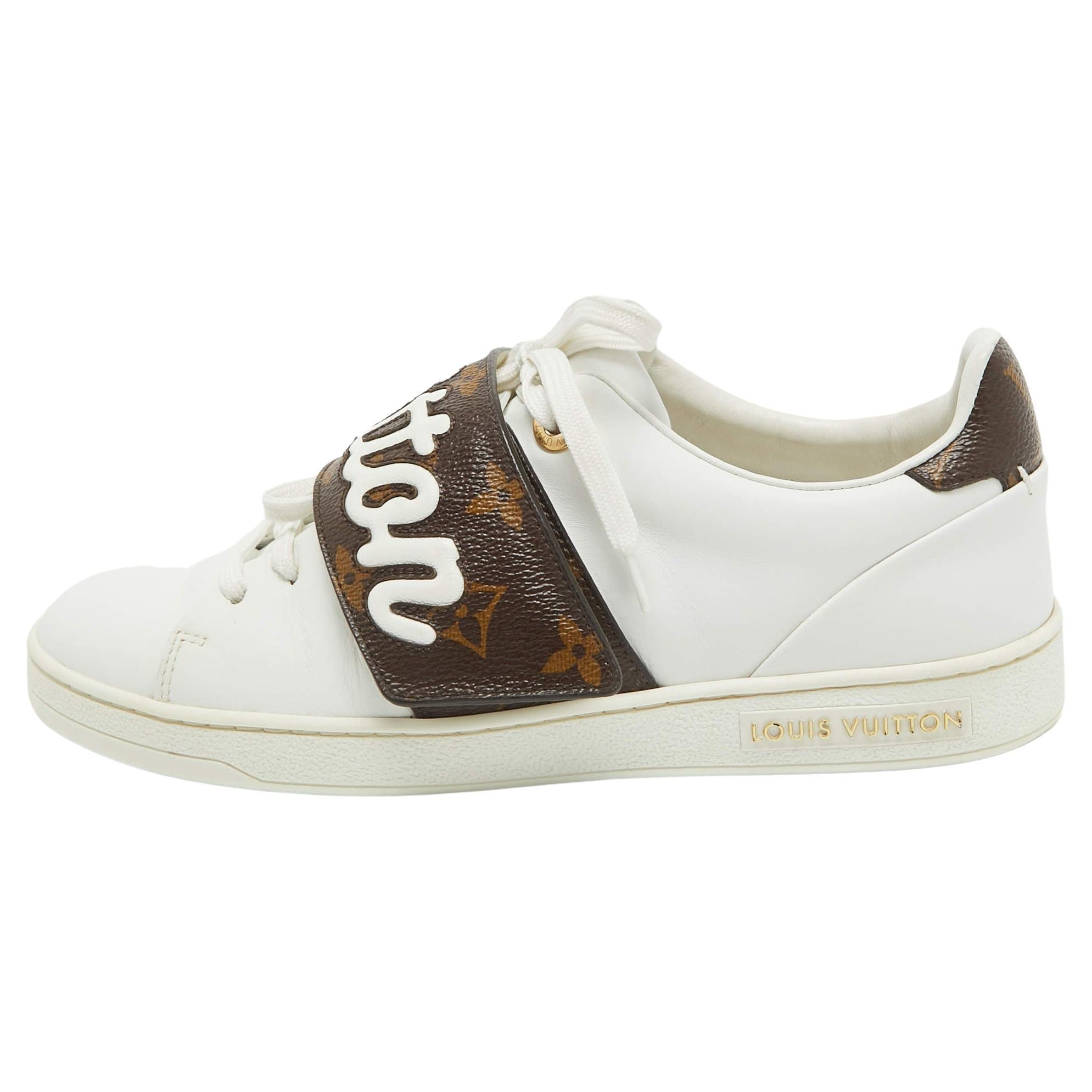 Louis Vuitton White/Brown Monogram Canvas and Leather Low Top Sneakers Size 35.5 For Sale
