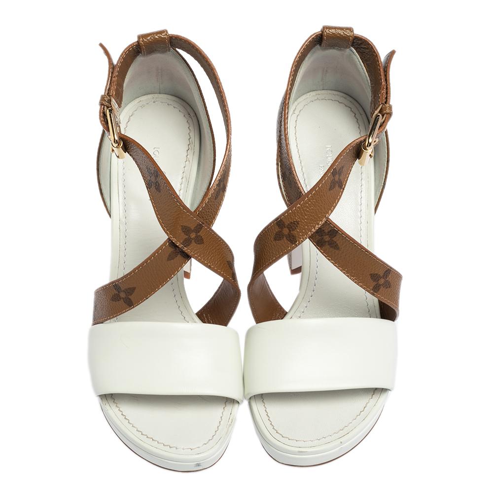 Sandalias Louis Vuitton blancas/marrones de lona con monograma y piel Matchmake talla 36 1