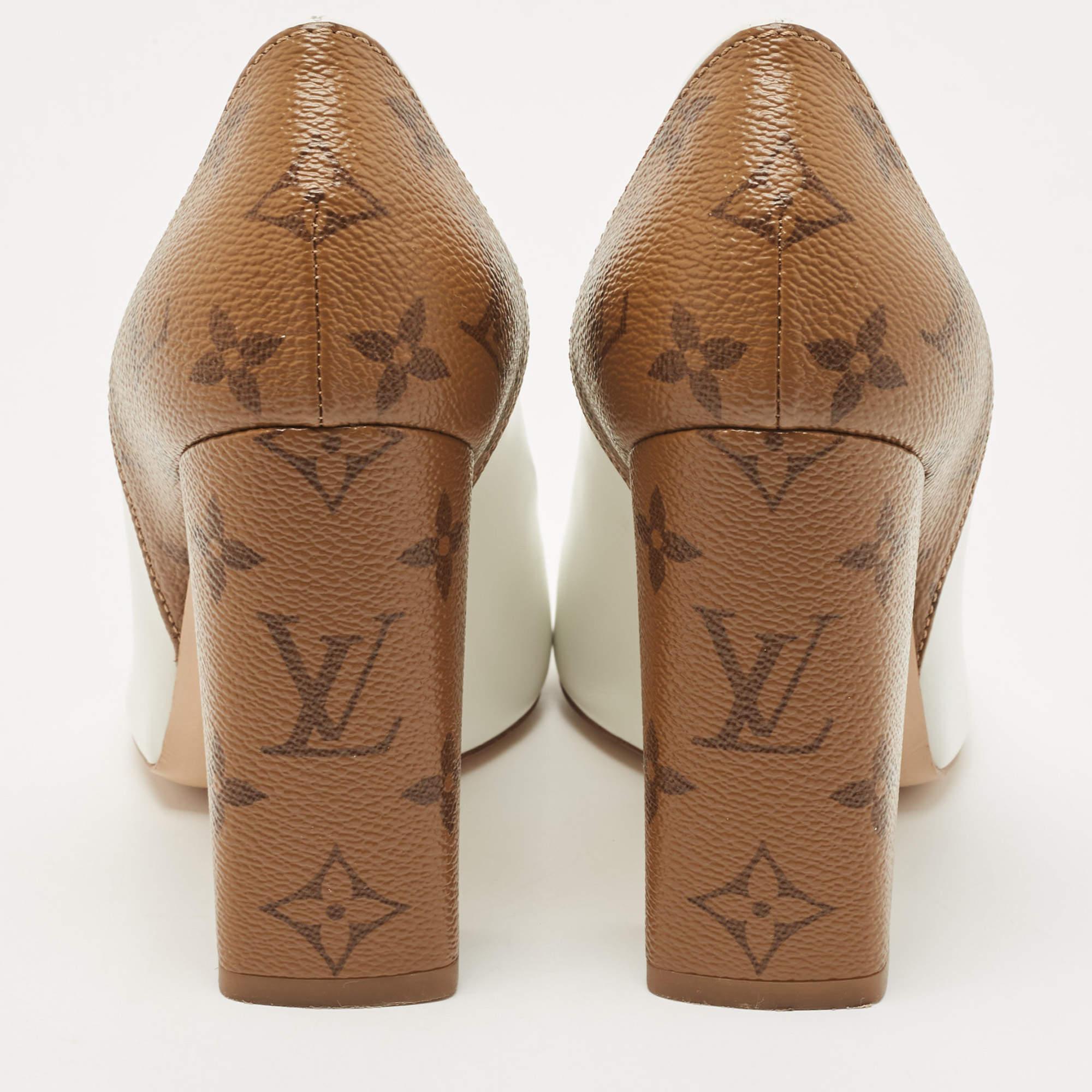 Beige Louis Vuitton White/Brown Monogram Canvas and Leather Rodeo QueenP Pumps Size 37