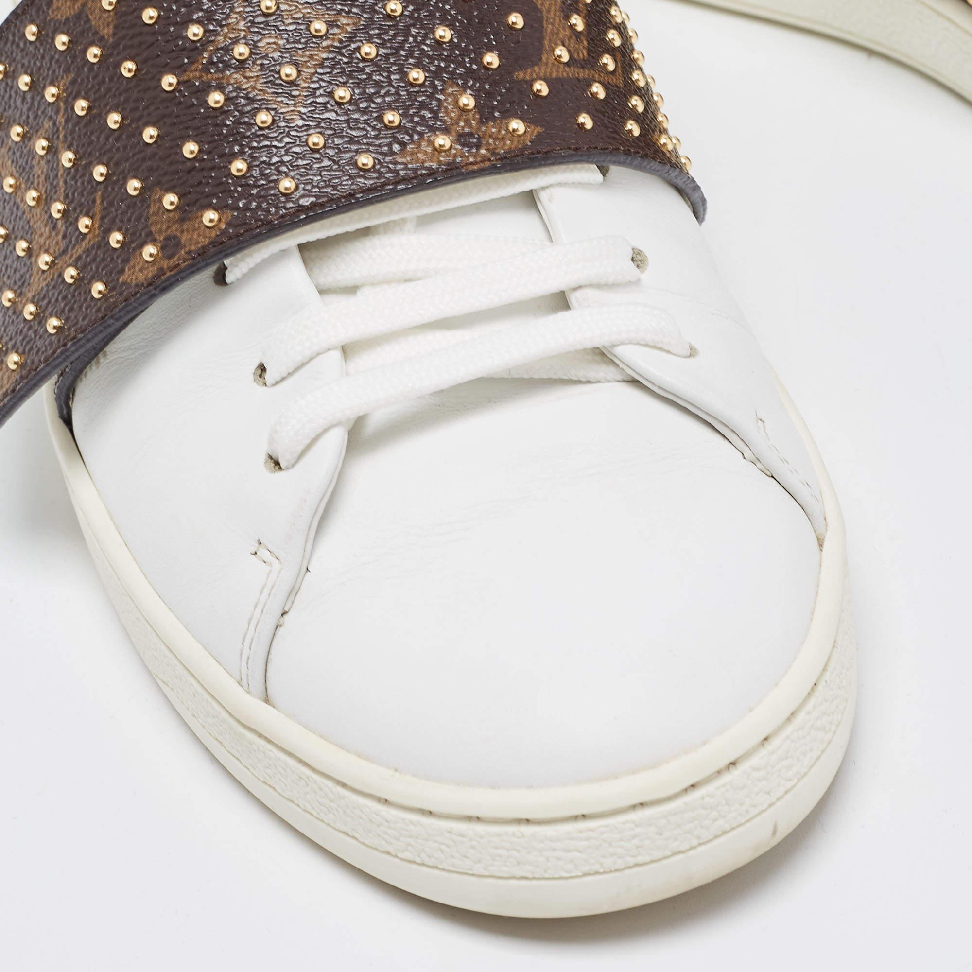 Louis Vuitton Weiß/Braun Monogramm Leder und Canvas Frontrow Sneakers Größe 36 im Angebot 1