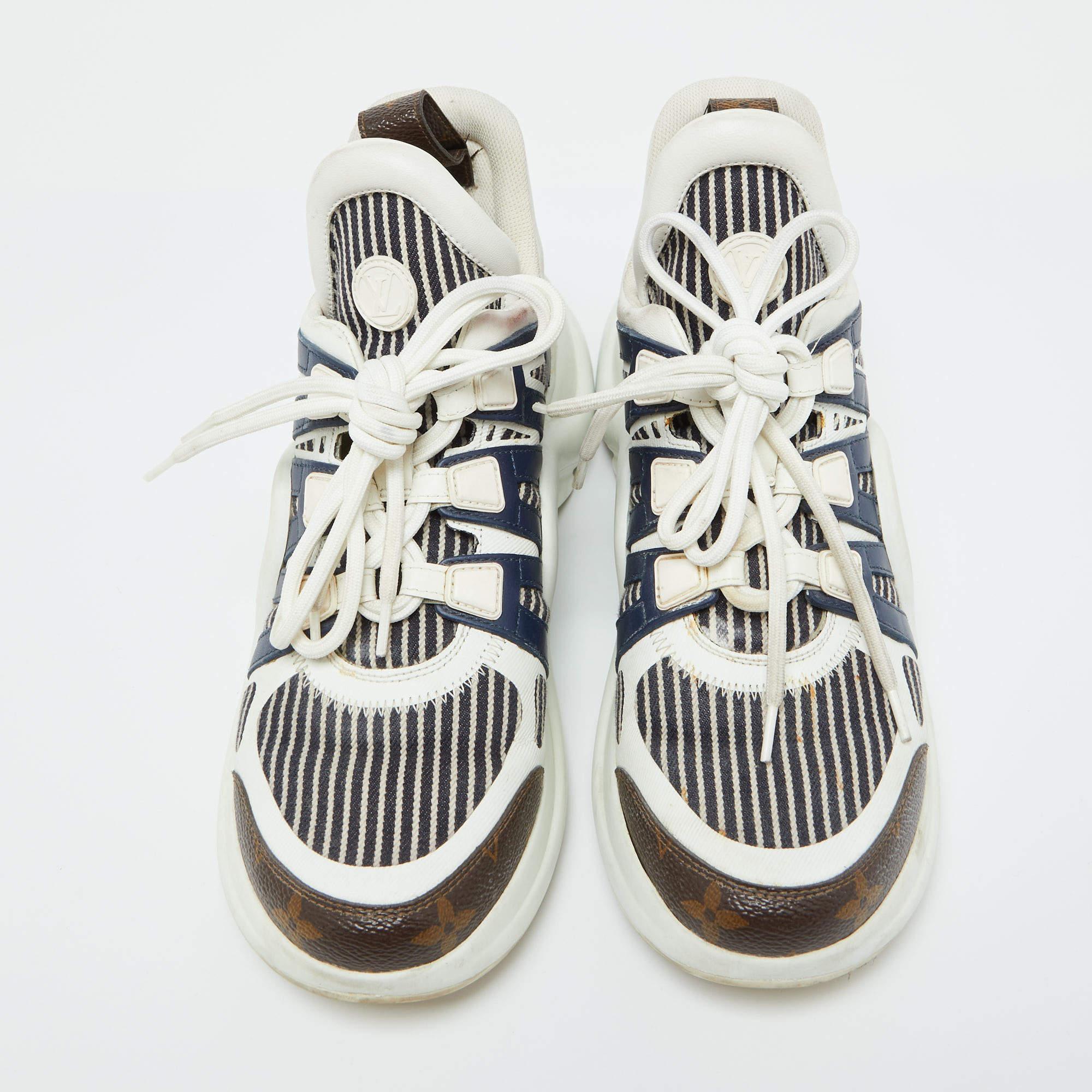 Gray Louis Vuitton White/Brown Monogram Nylon & Leather Archlight Sneakers Size 38.5