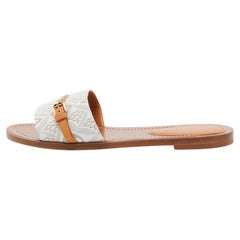 Louis Vuitton White Canvas And Leather Lock It Flat Slides Size 37.5