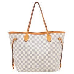 Used Louis Vuitton White Canvas Damier Azur Neverfull MM Tote Bag