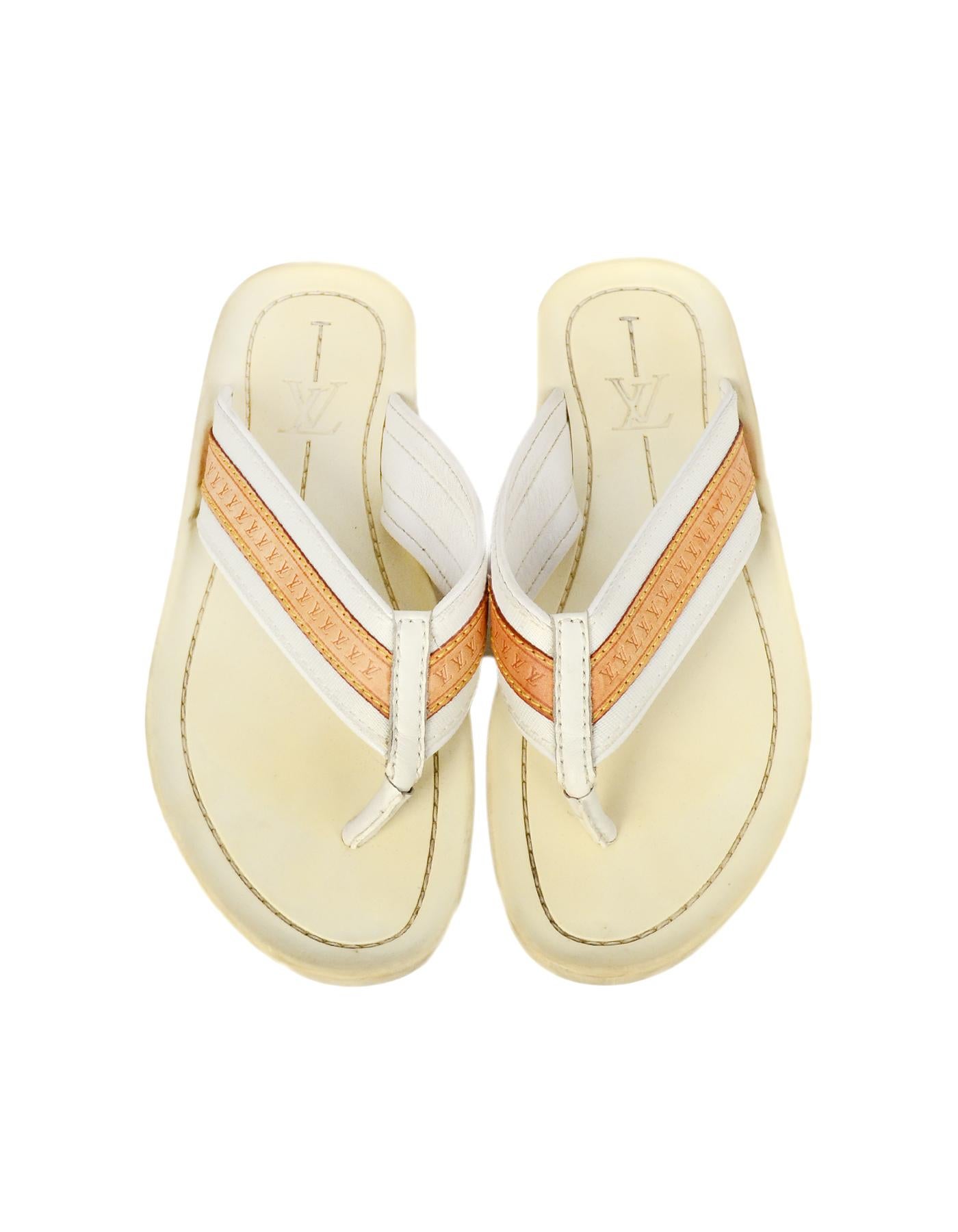 Louis Vuitton White Canvas/Leather Logo Thong Sandals Sz 38 3