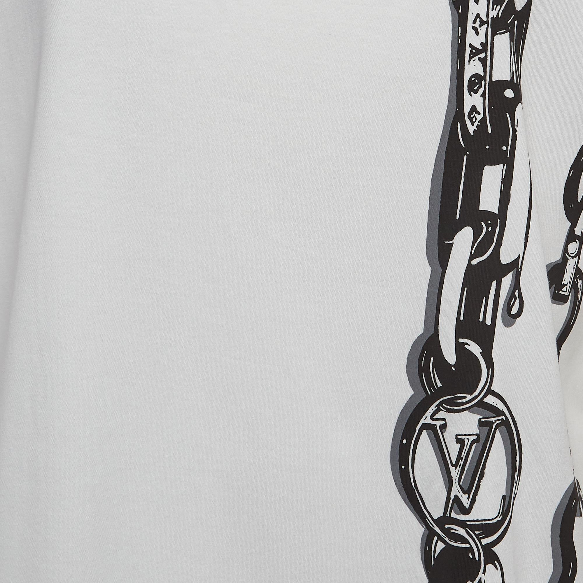 Louis Vuitton White Chain Print Cotton Crew Neck T-Shirt L In Excellent Condition In Dubai, Al Qouz 2