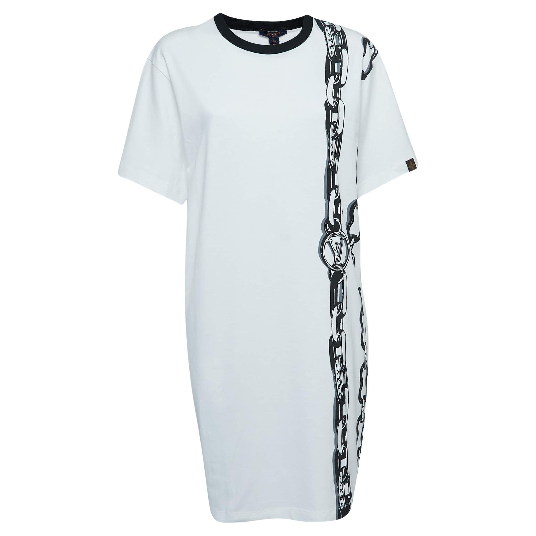 Louis Vuitton White Chain Print Cotton Mini T-Shirt Dress XL