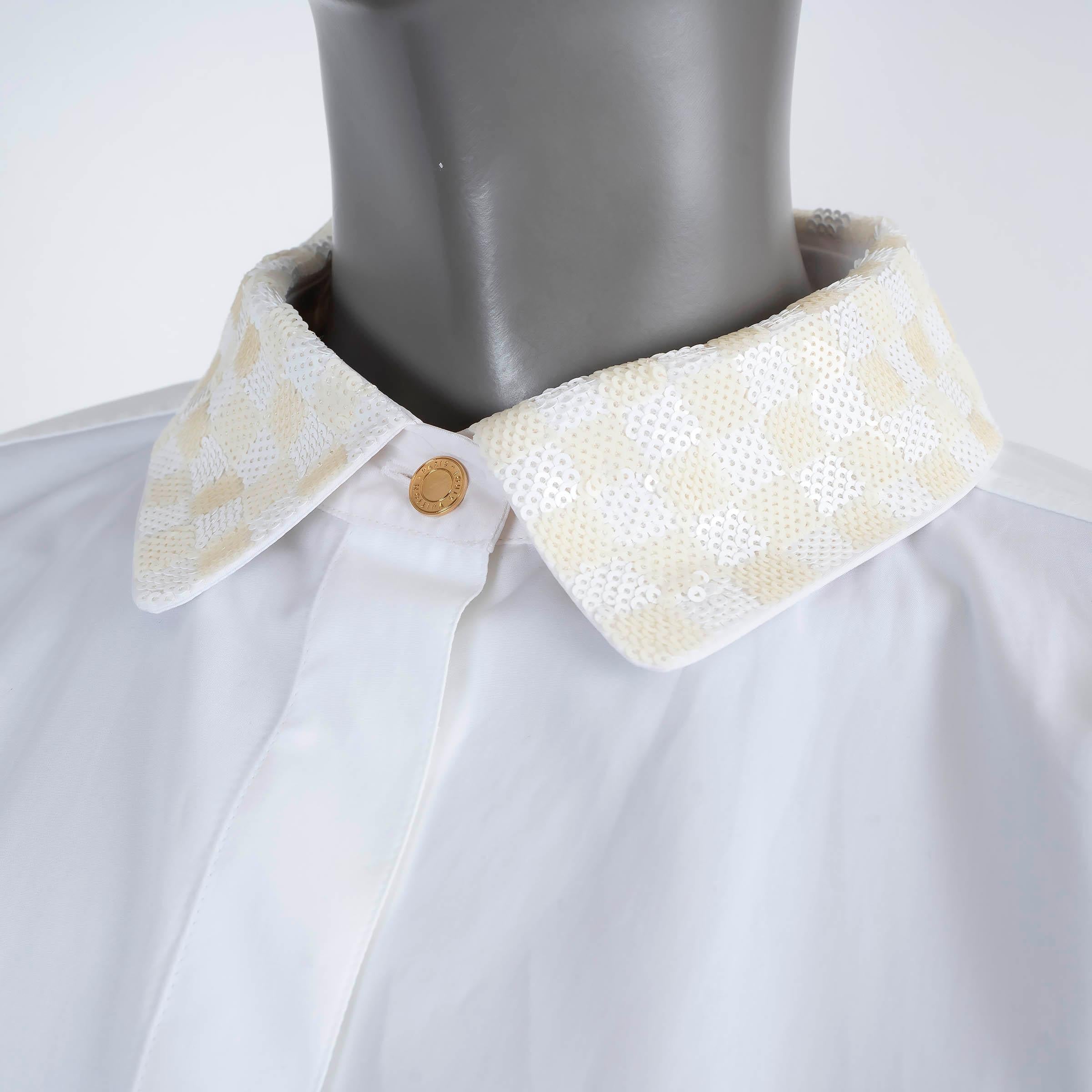 Women's LOUIS VUITTON white cotton 2013 SEQUIN DAMIER COLLAR Shirt 38 S For Sale