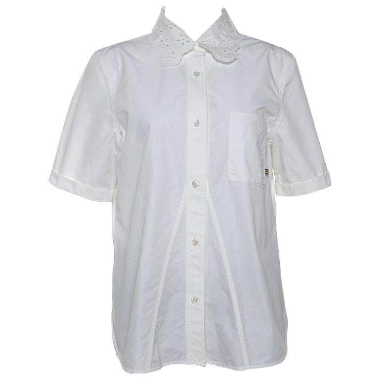 Louis Vuitton White Cotton Embroidered Collar Short Sleeve Shirt L
