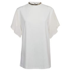 Louis Vuitton White Cotton & Silk Embellished Neck Detail Top XXL