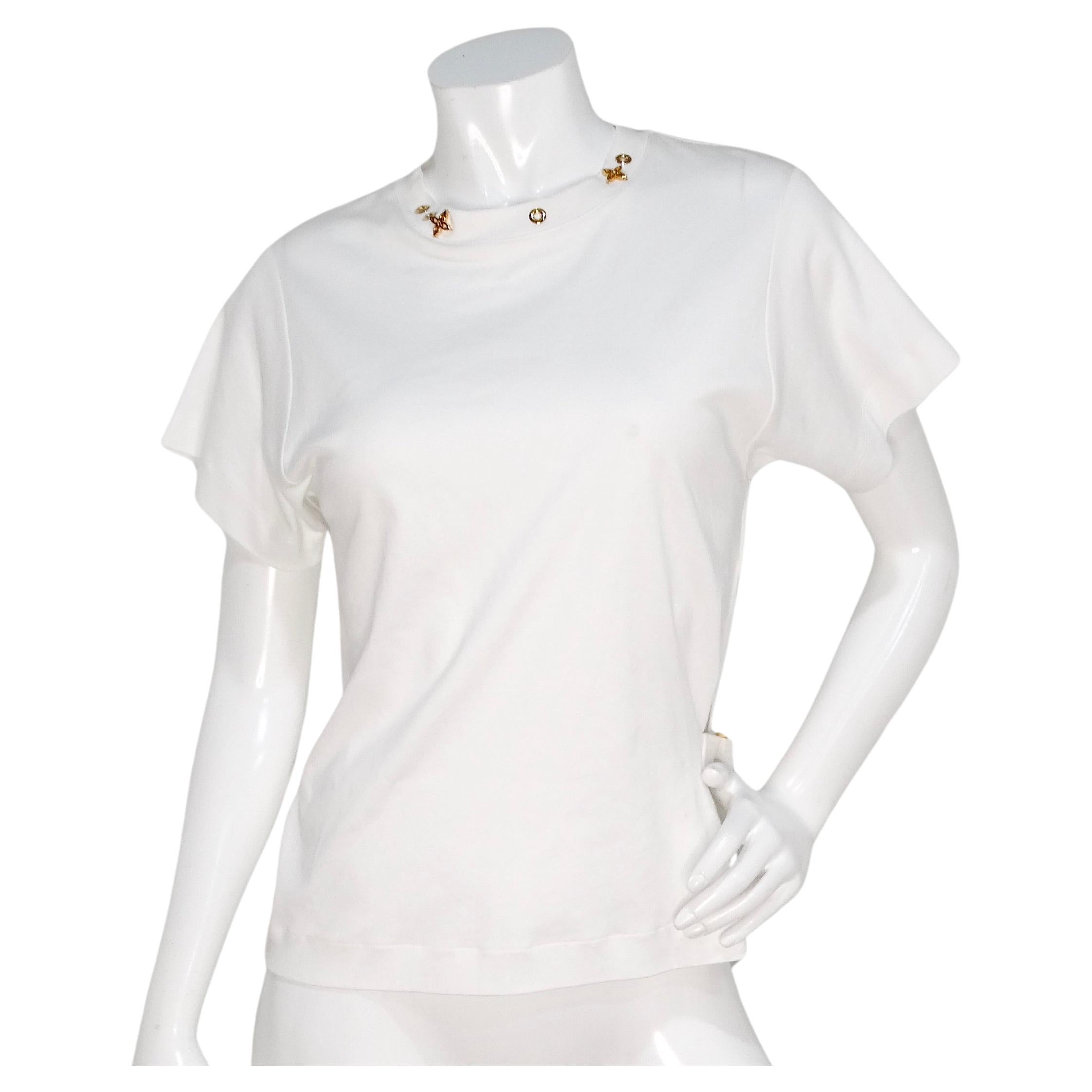 Louis Vuitton White Cotton T-shirt With Gold-Tone Monogram Charms & Strap For Sale