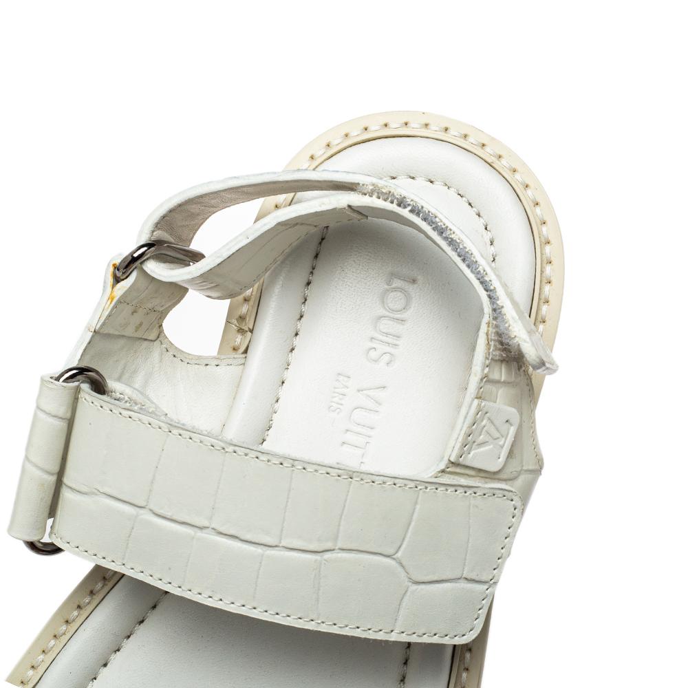 Women's Louis Vuitton White Croc Embossed Leather Flat Slingback Sandals Size 40