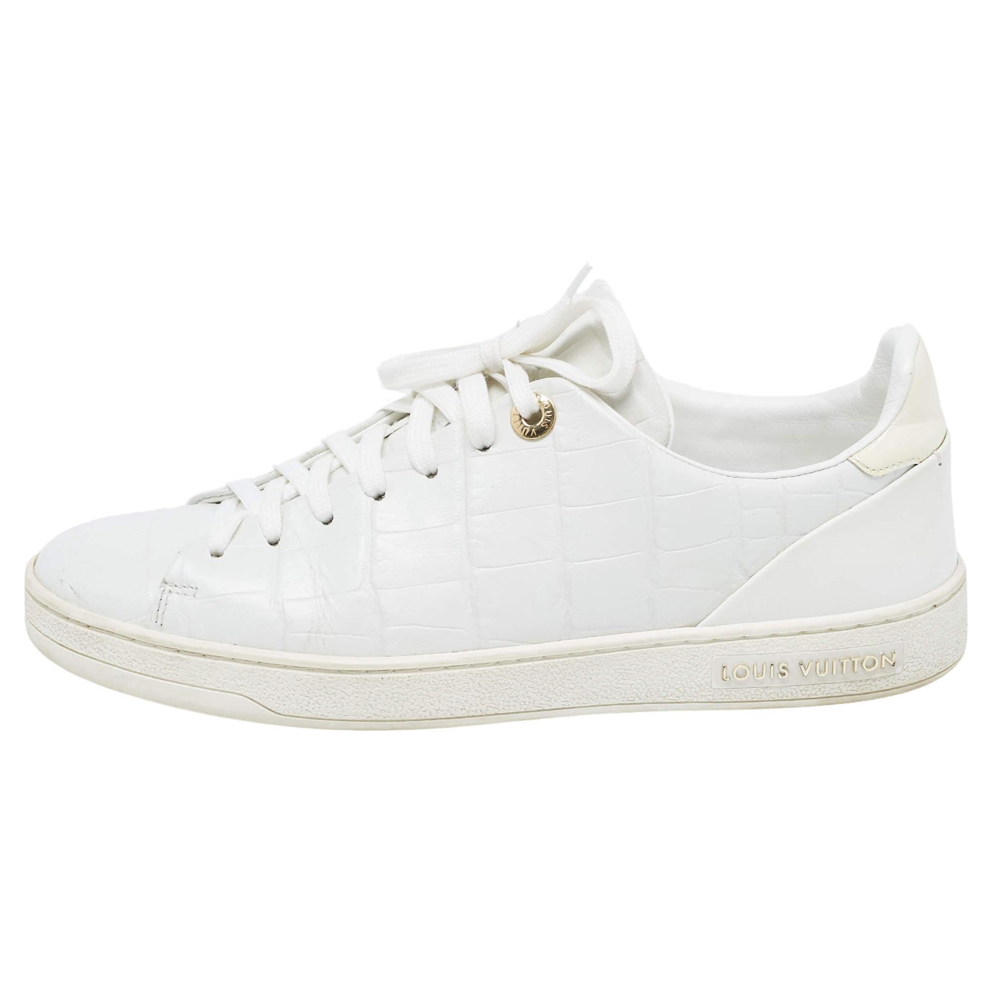 Louis Vuitton White Croc Embossed Leather Frontrow Sneakers Size 36.5 For Sale