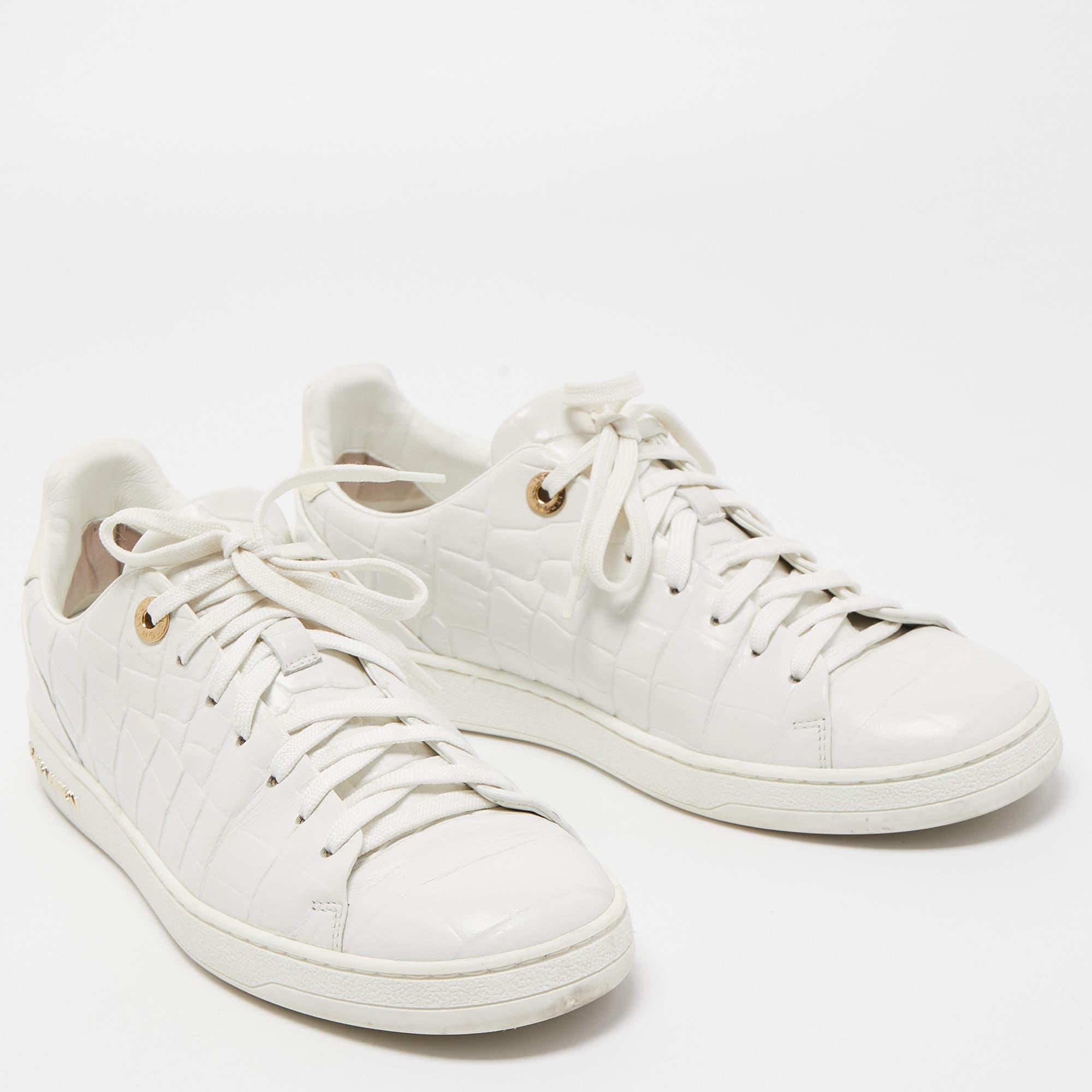Women's Louis Vuitton White Croc Embossed Leather Frontrow Sneakers Size 38.5