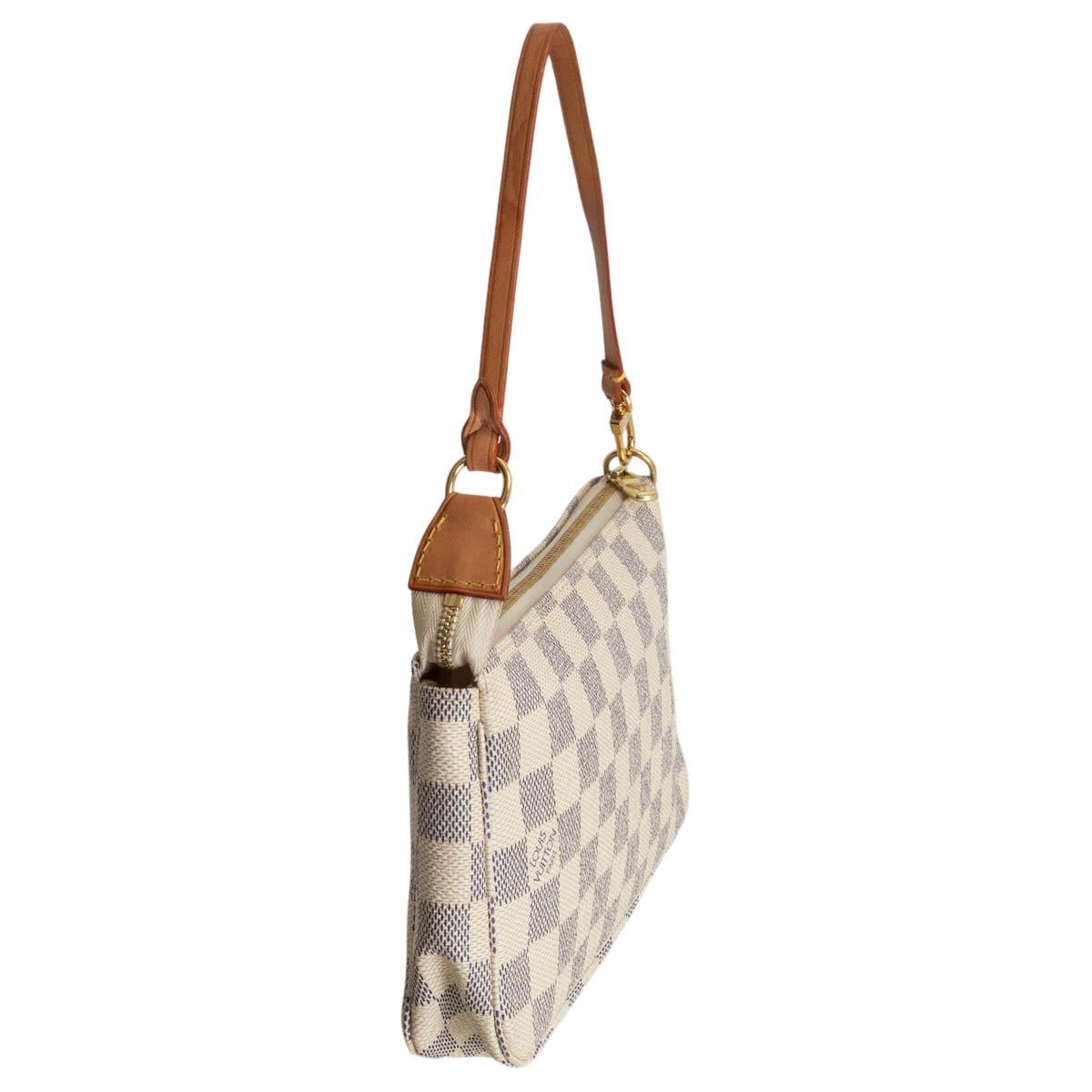100% authentic Louis Vuitton Pochette Accessoires shoulder bag in off-white and navy Damier Azur canvas featuring gold-tone hardware. Opens with a zipper on top and has a removable Vachetta leather shoulder strap. Has been carried and is in