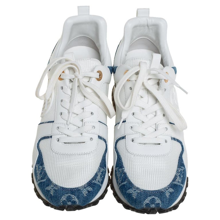 Aimed to provide comfort with a luxe-sporty look, these Run Away sneakers by Louis Vuitton are a fine addition to any sneaker collection. Crafted using monogram denim, mesh, and leather, they feature lace-up vamps, durable soles, and the LV logo on