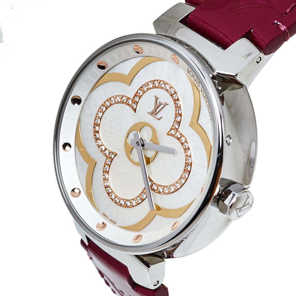 Uncut Louis Vuitton White Diamonds Stainless Steel Tambour Women's Wristwatch 35MM