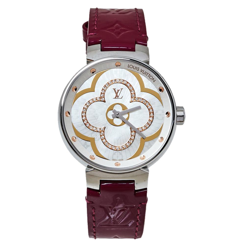 Louis Vuitton White Diamonds Stainless Steel Tambour Women's Wristwatch 35MM