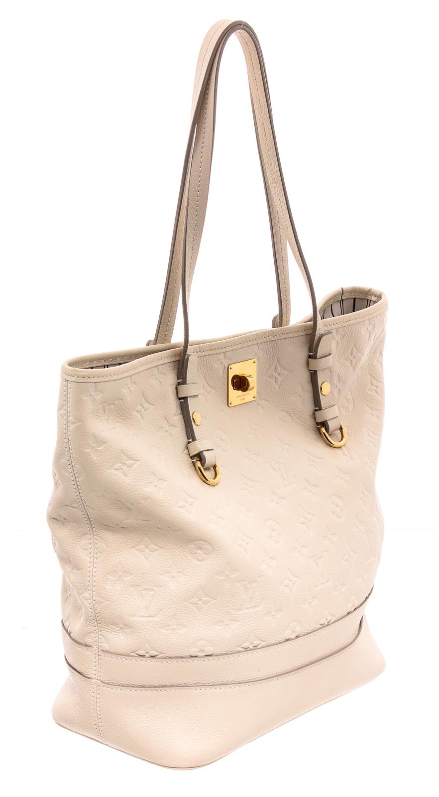 White Empreinte leather Louis Vuitton Citadine PM with brass hardware, dual flat shoulder straps, protective feet at base, tonal and black stripe canvas lining, three pockets at interior wall; one with zip closure and turn-lock closure at