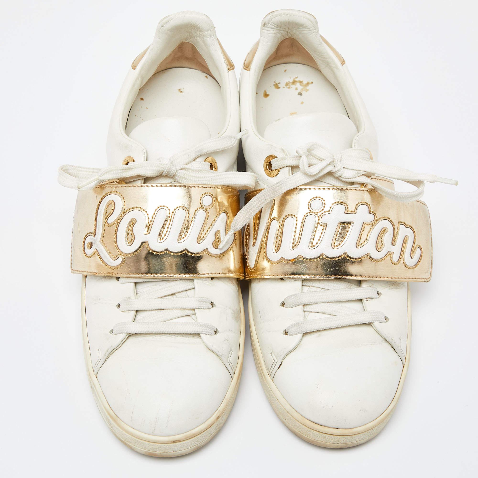Louis Vuitton Weiß/Gold Leder Frontrow Low Top Turnschuhe Größe 38 (Beige) im Angebot