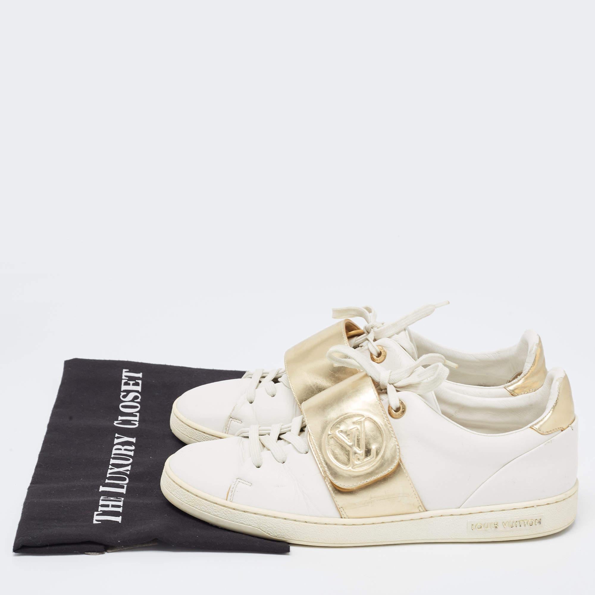 Louis Vuitton White/Gold Leather Frontrow Sneakers For Sale 5