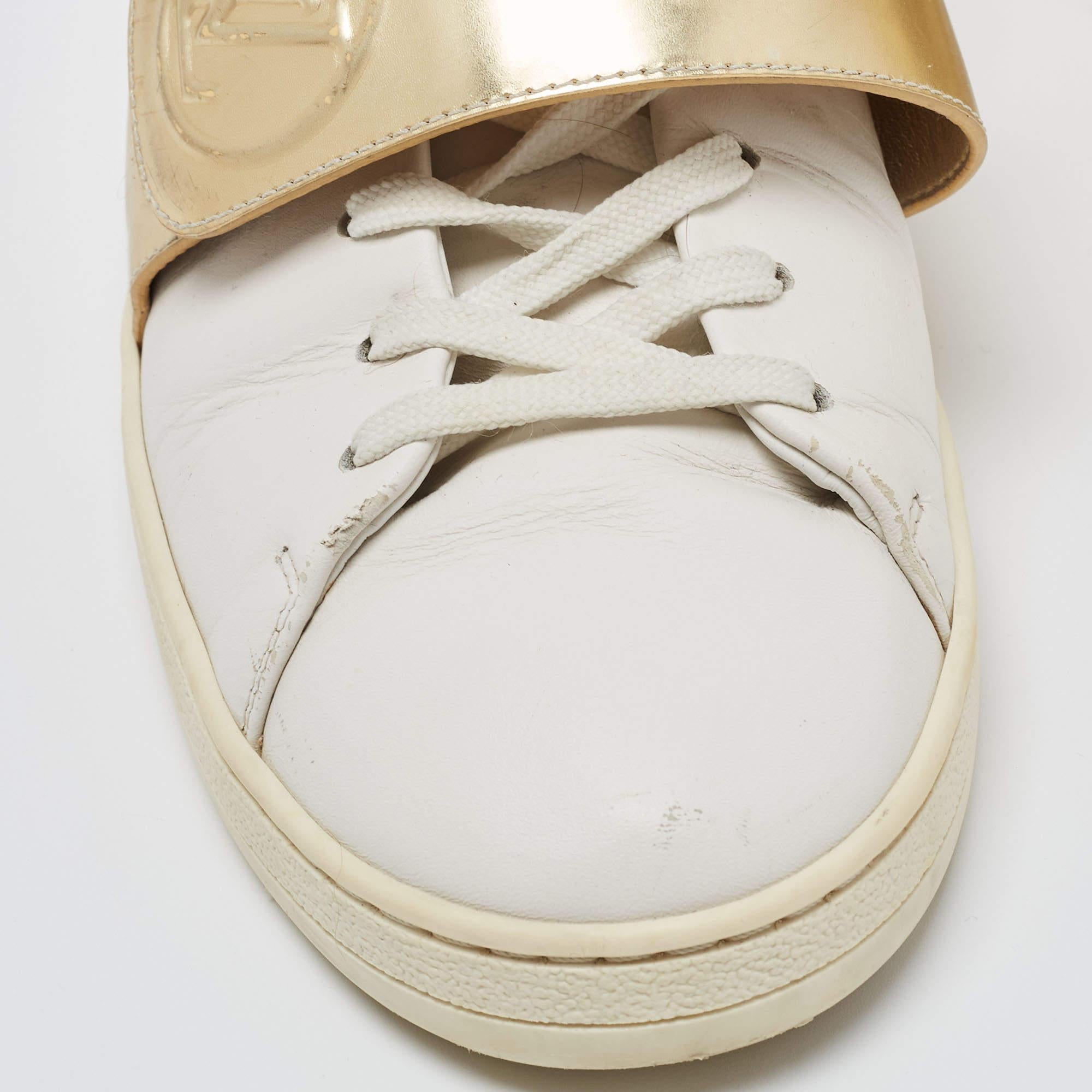 Beige Louis Vuitton White/Gold Leather Frontrow Sneakers For Sale